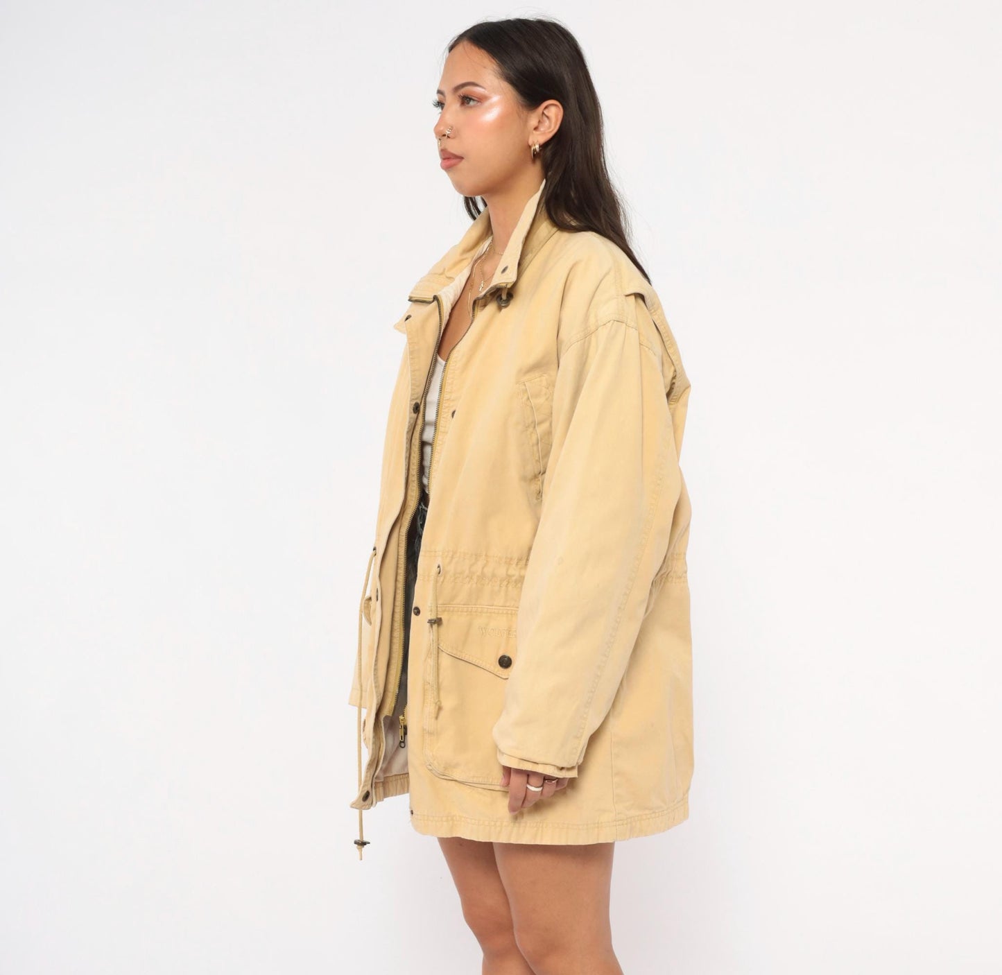 90s World Adventure Wolverine Tan Parka Cargo Jacket High Collar Small Petite