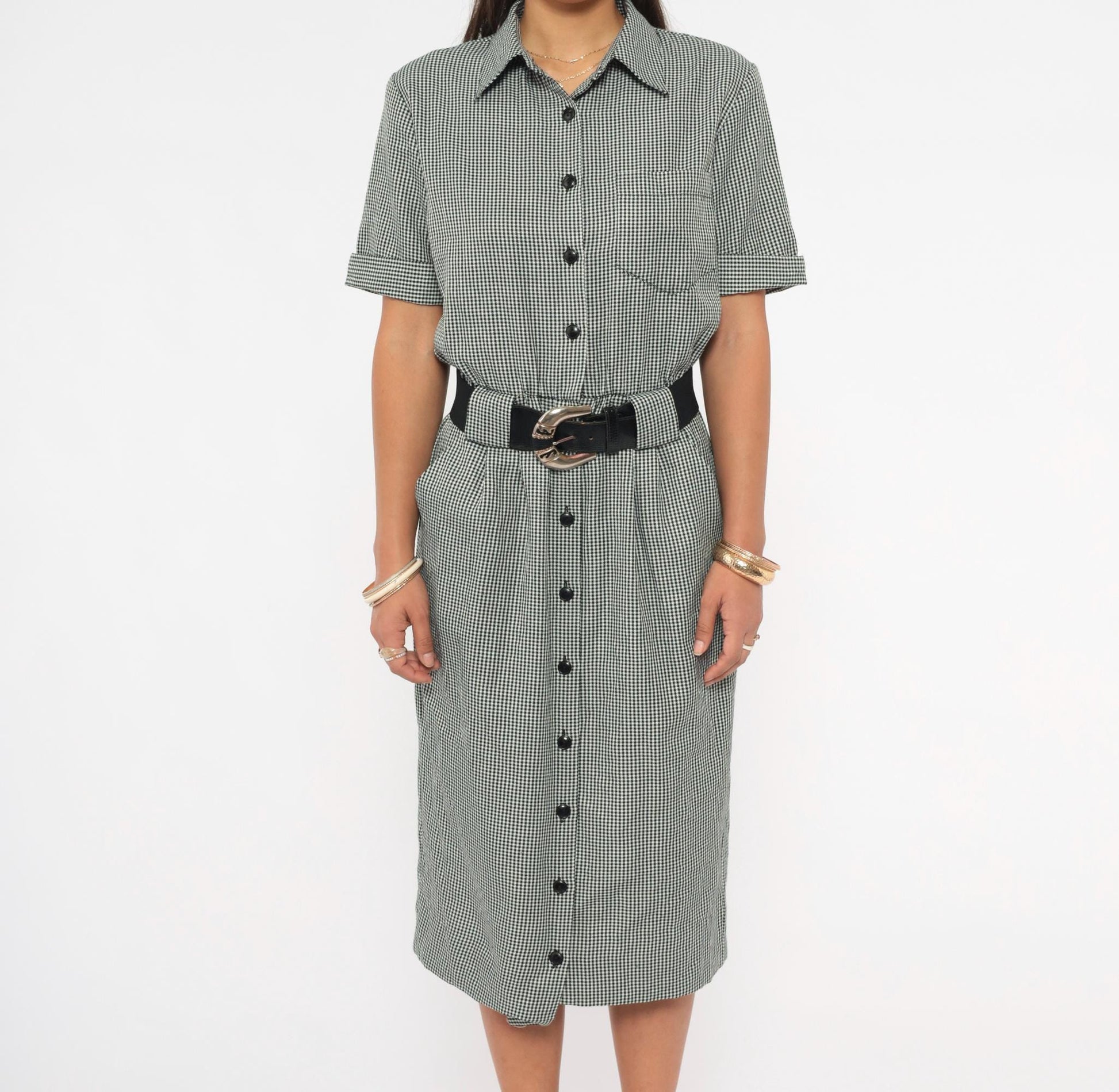 90s Black White Houndstooth Shirt Dress Midi Belted Pencil Skirt Small
