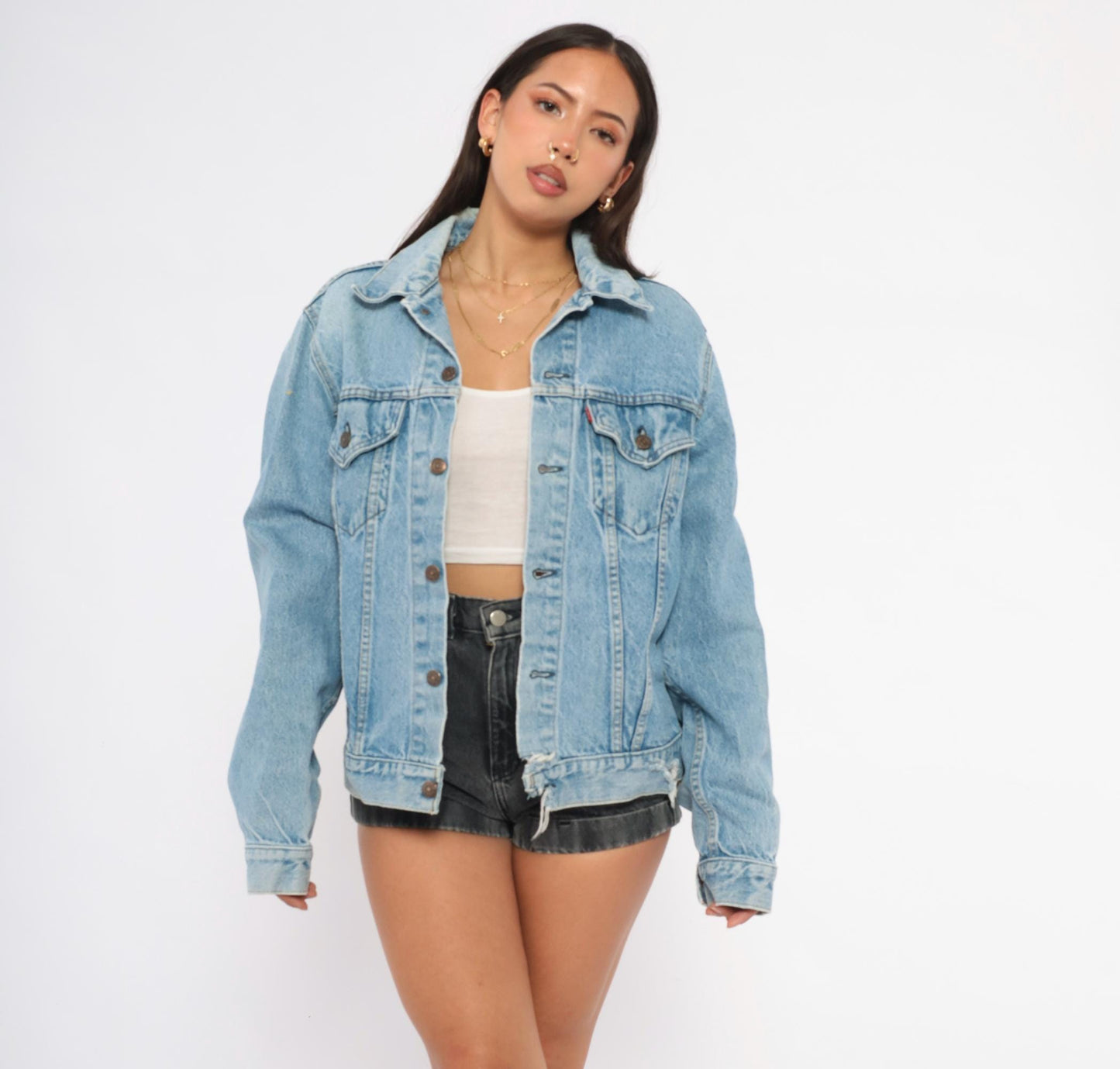 70s Levis Trucker Jacket Light Blue Denim Cotton Button Front Medium