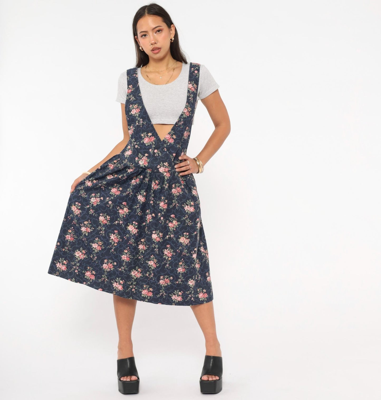 90s Navy Floral Pinafore Dress Pink Rose Print Mid-Calf Gathered Jumper XS