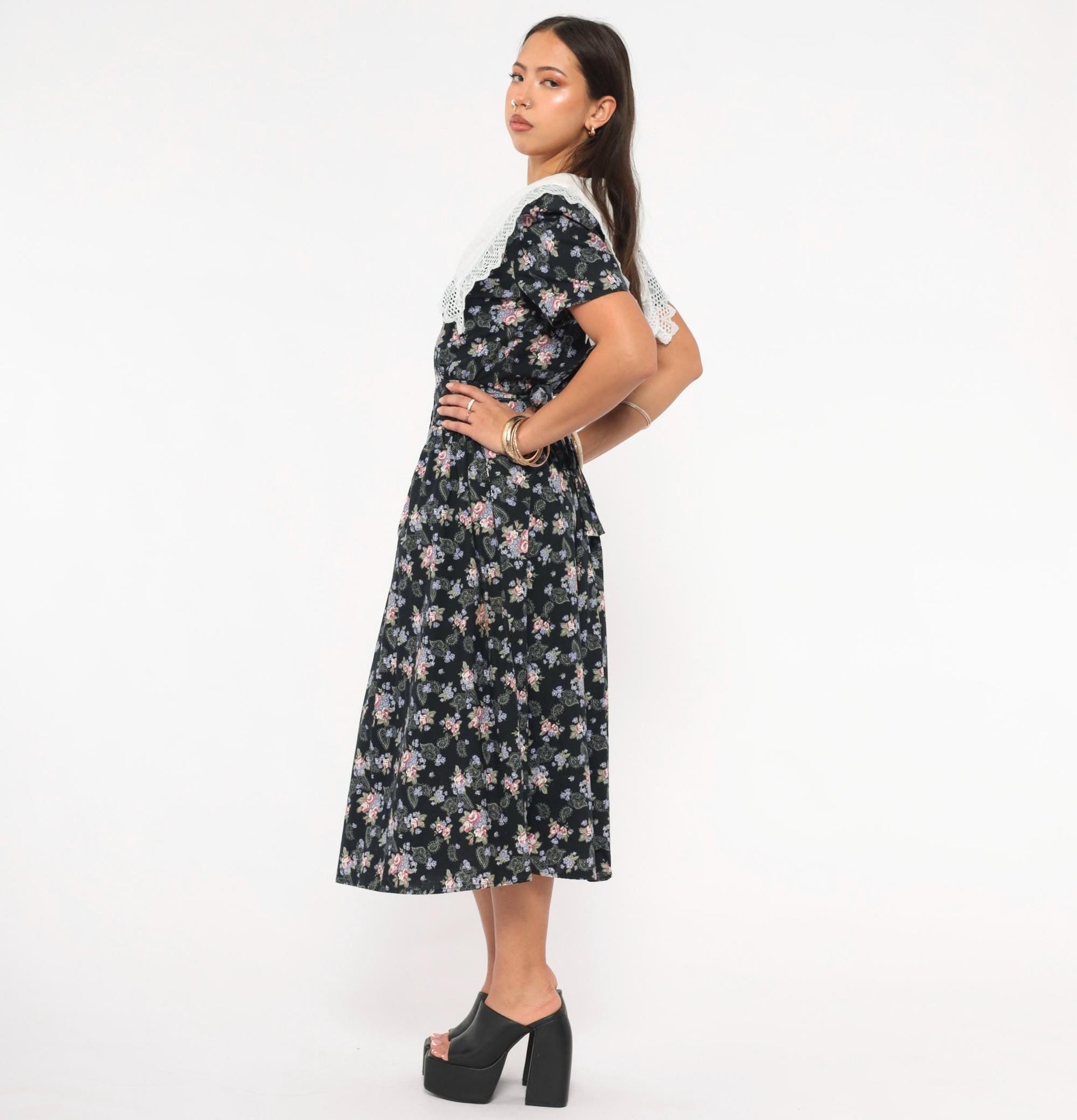 80s Eber Navy Floral Midi Dress Lace Collar Cotton Paisley Medium M