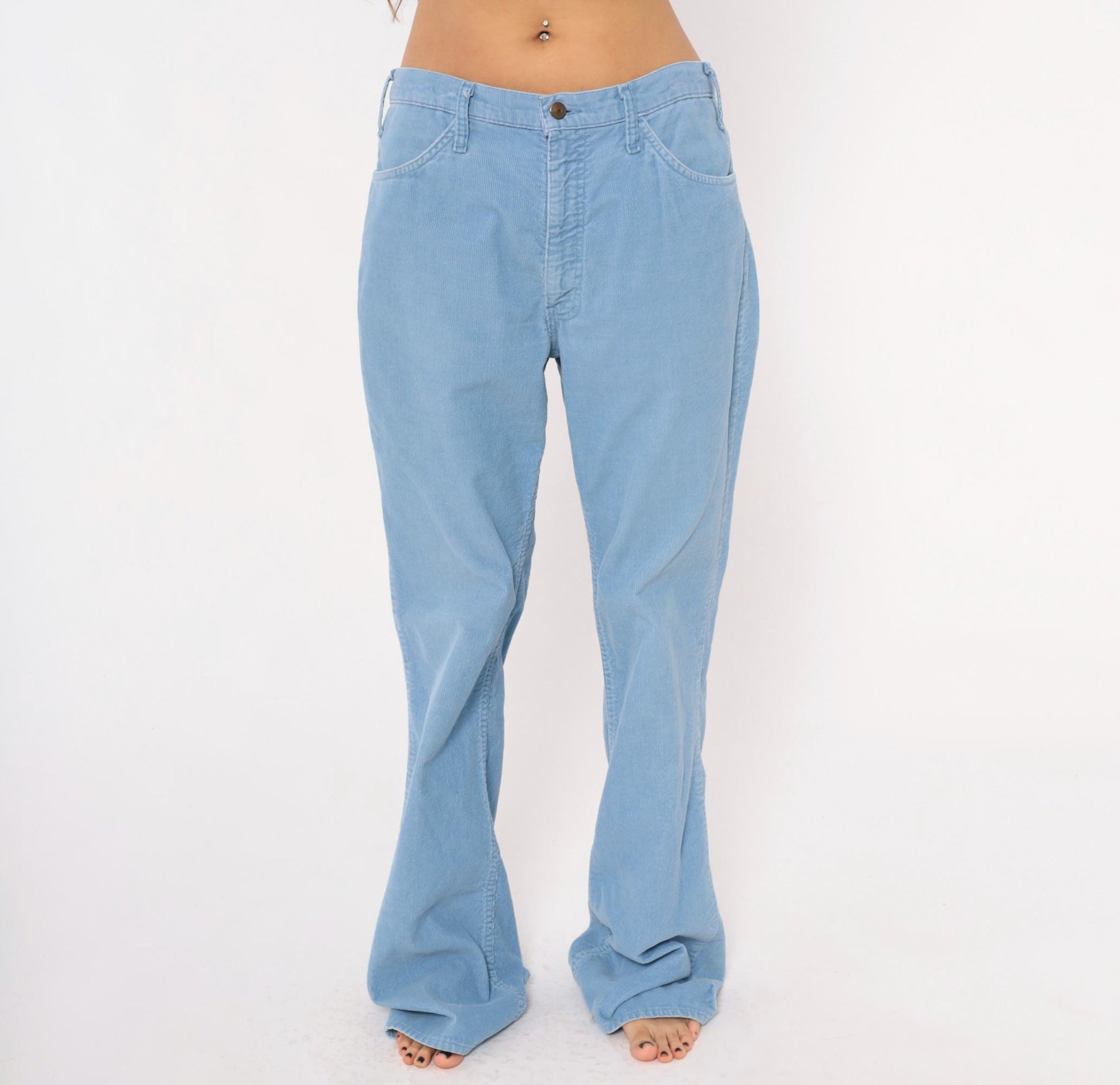 80s Sky Blue Corduroy Flare Pants Bell Bottom Powder Blue Trousers 34x34