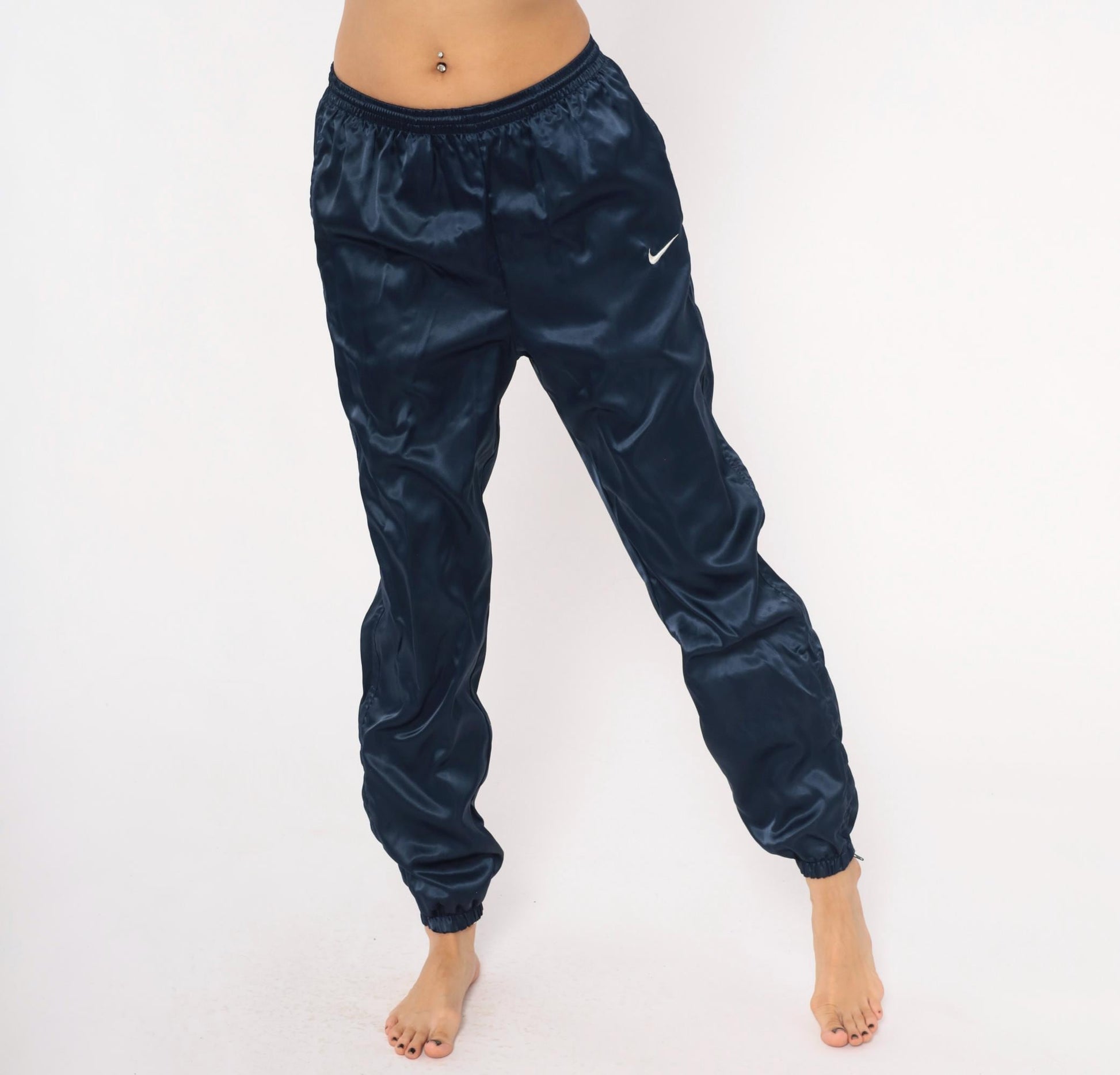 90s Nike Navy Satin Track Pants Swoosh Logo Elastic Waist Small S