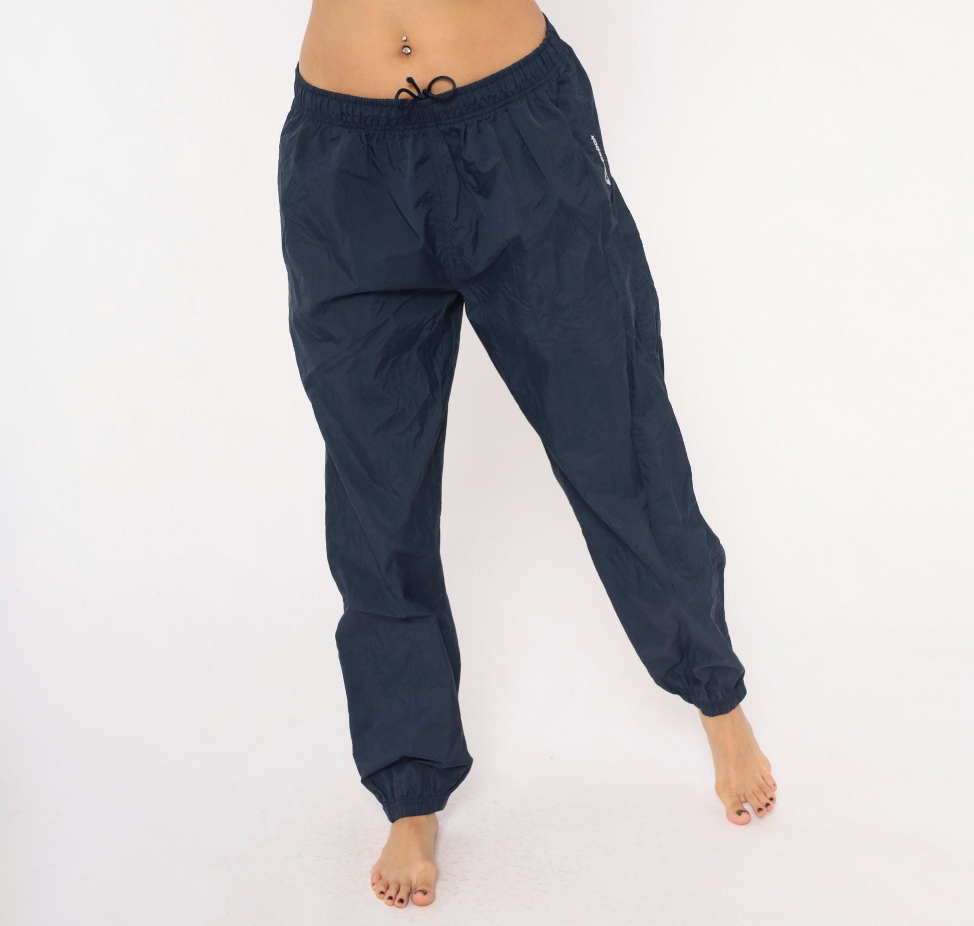 2000s Reebok Navy Nylon Track Pants Elastic Cuff Athletic Medium M