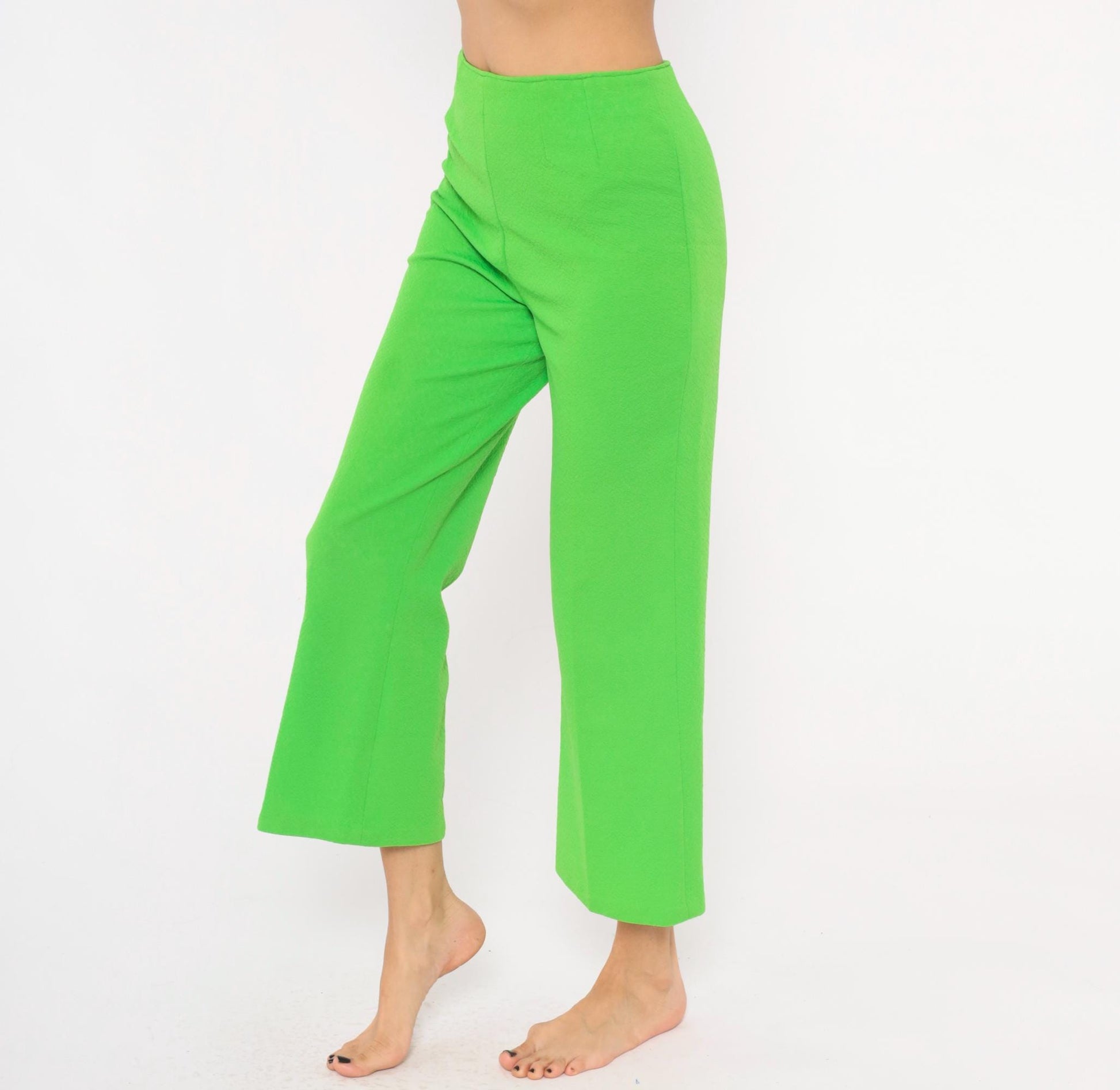 70s Lime Green High-Waist Wide Leg Flare Pants Ankle Length Small S