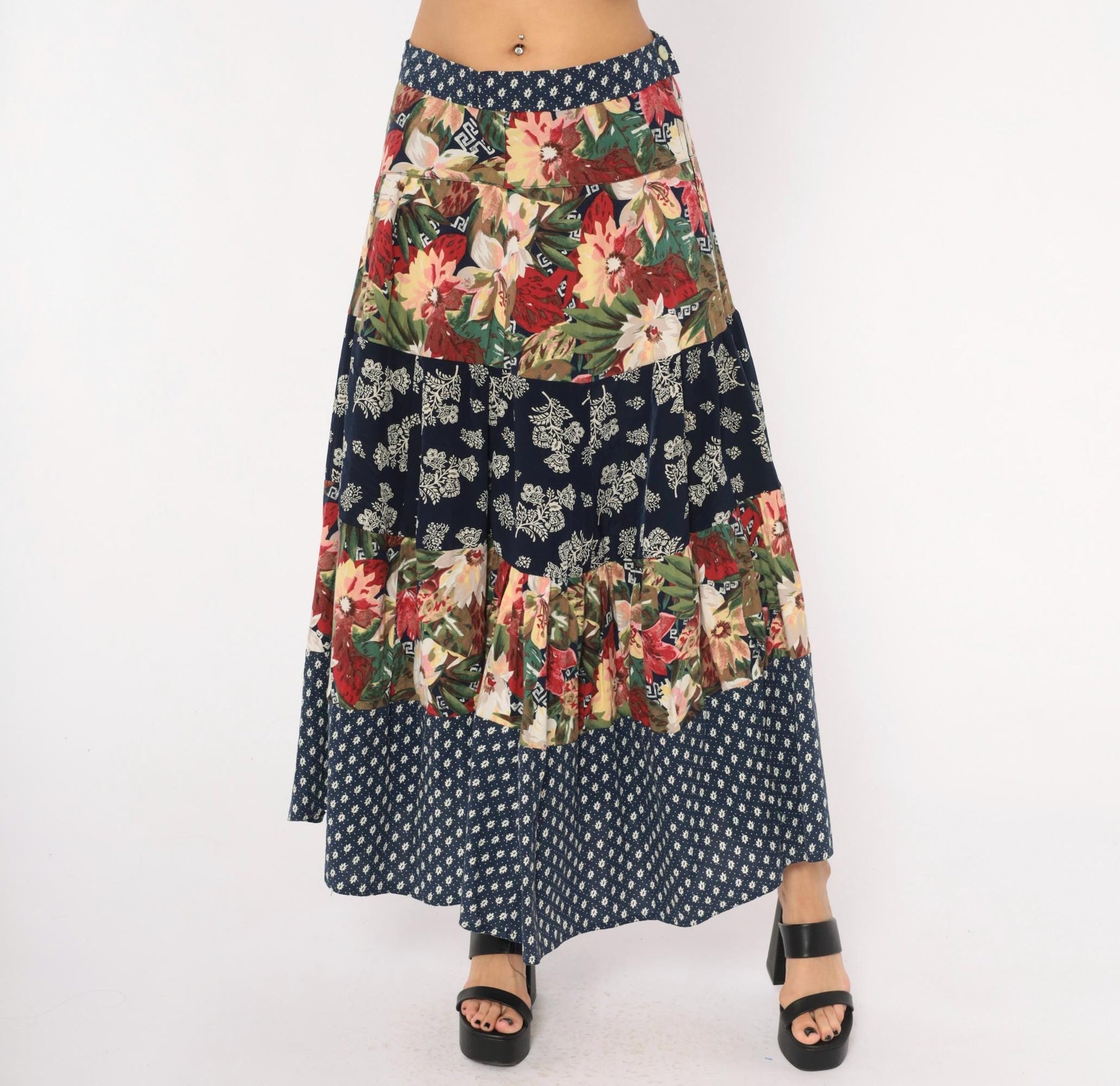 80s Patchwork Tiered Midi Skirt Floral Navy Cotton Medium M