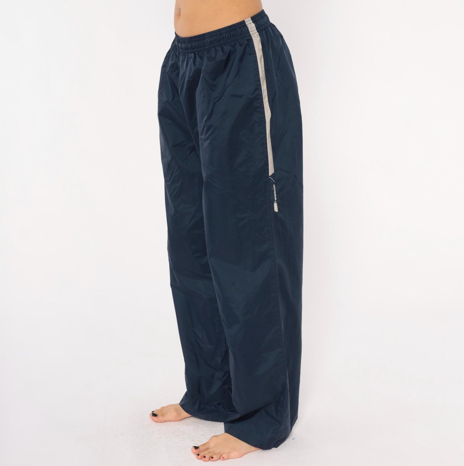90s Reebok Navy Track Pants Nylon Elastic Waist Straight Leg Large L