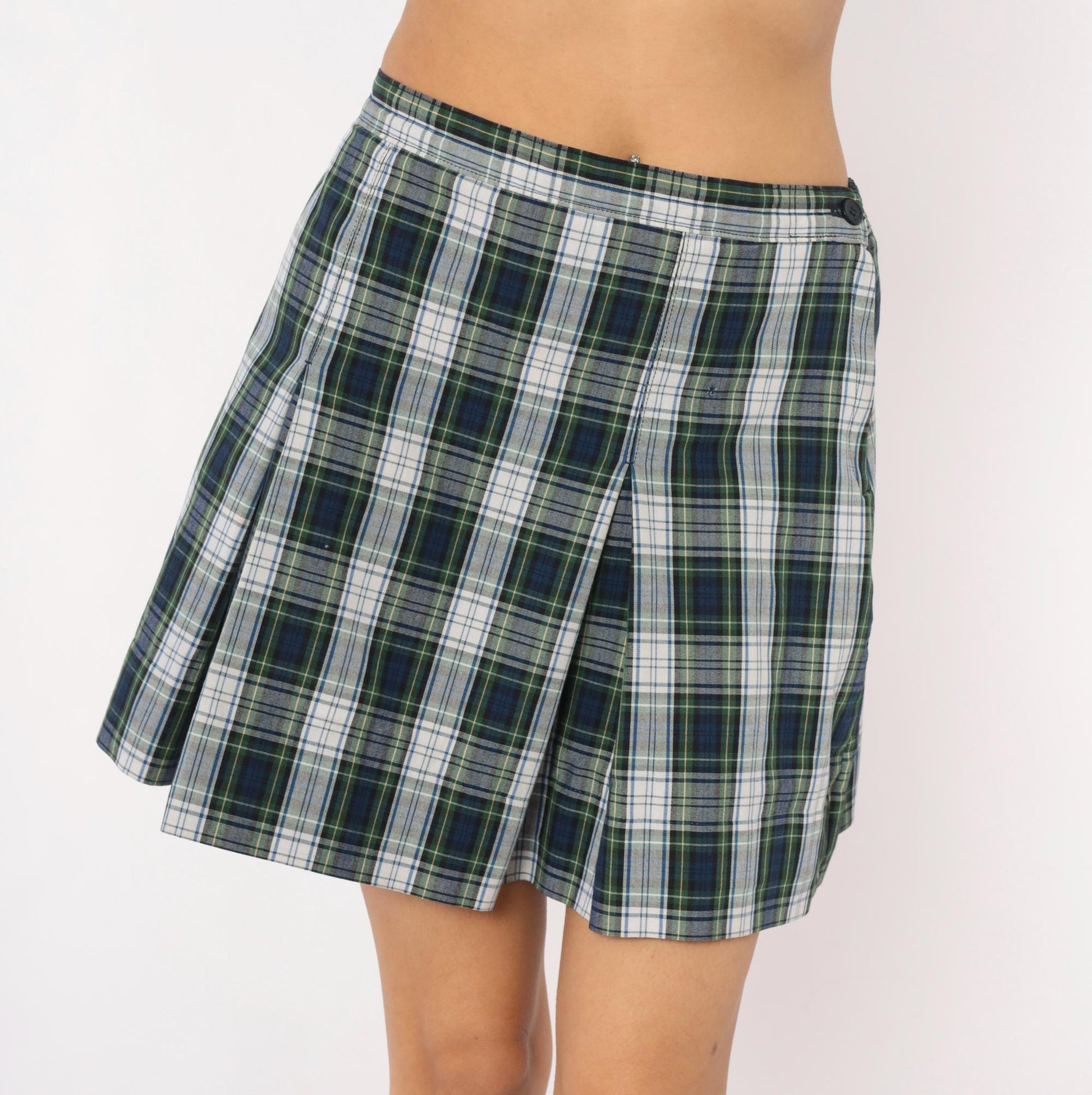 80s Donalds Navy Green Plaid Pleated Skort Tartan Mini Small S