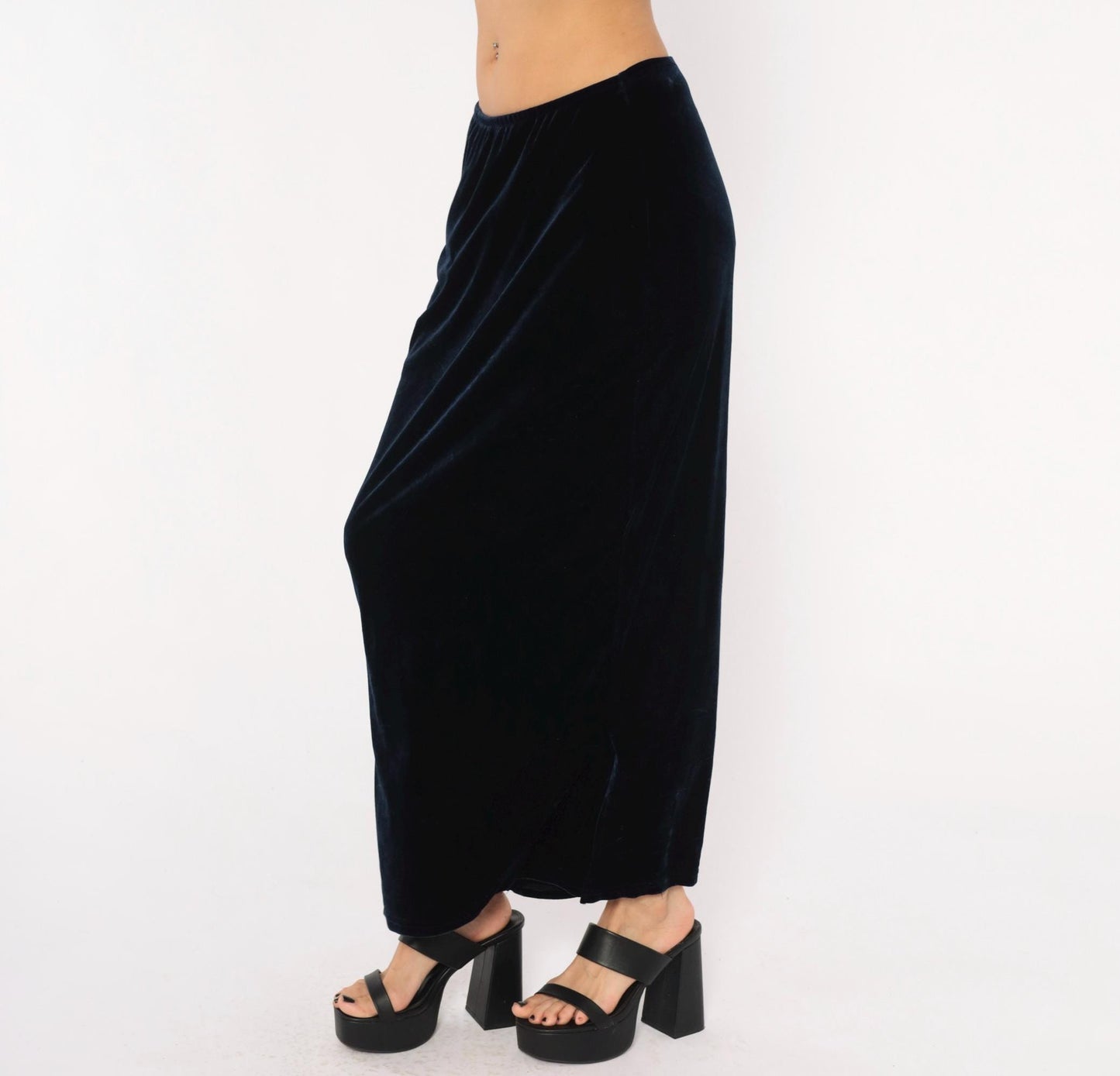 90s Navy Velvet Maxi Skirt Straight Column Ankle Length Medium Large