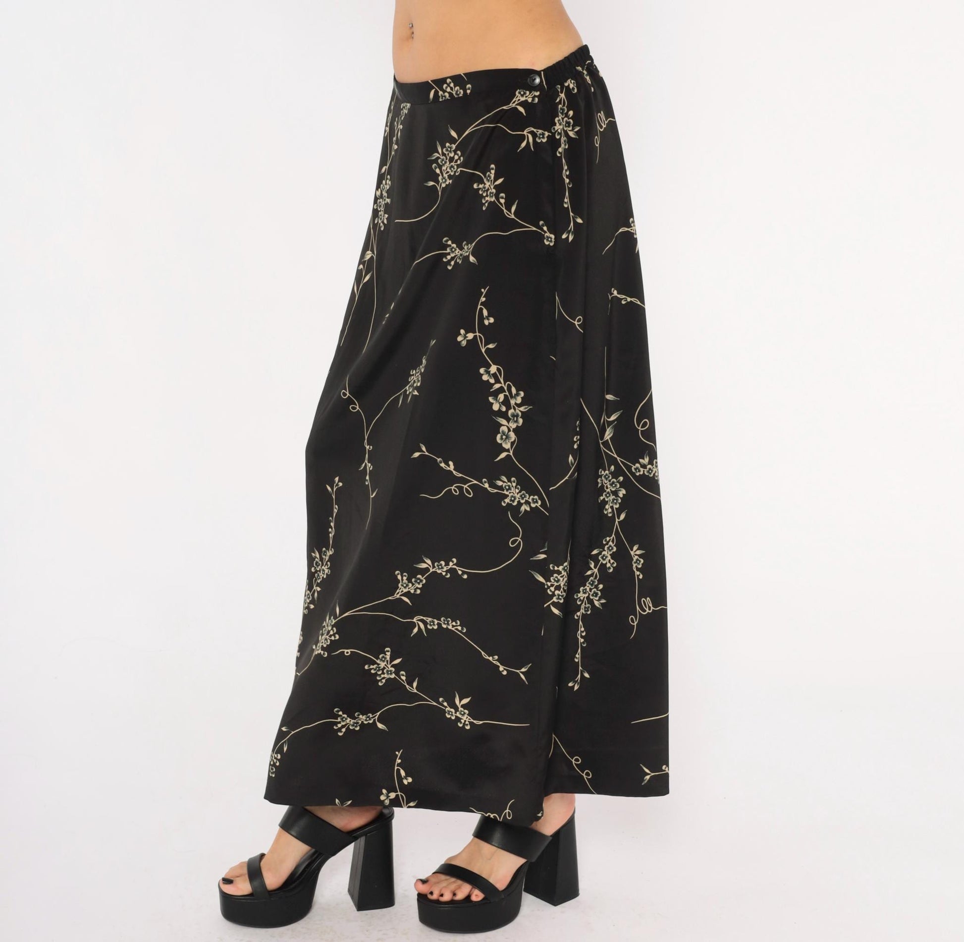 90s Studio C Cherry Blossom Maxi Skirt Black Tan Floral Elastic Waist Extra Large