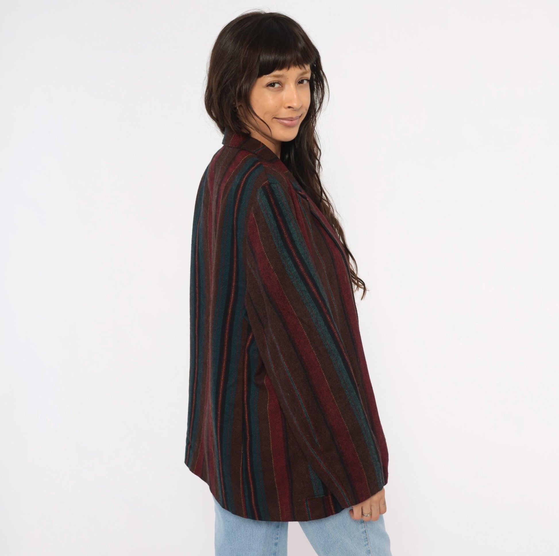 80s Koret Wool Blazer Burgundy Teal Striped Herringbone Notched Lapel Medium Large