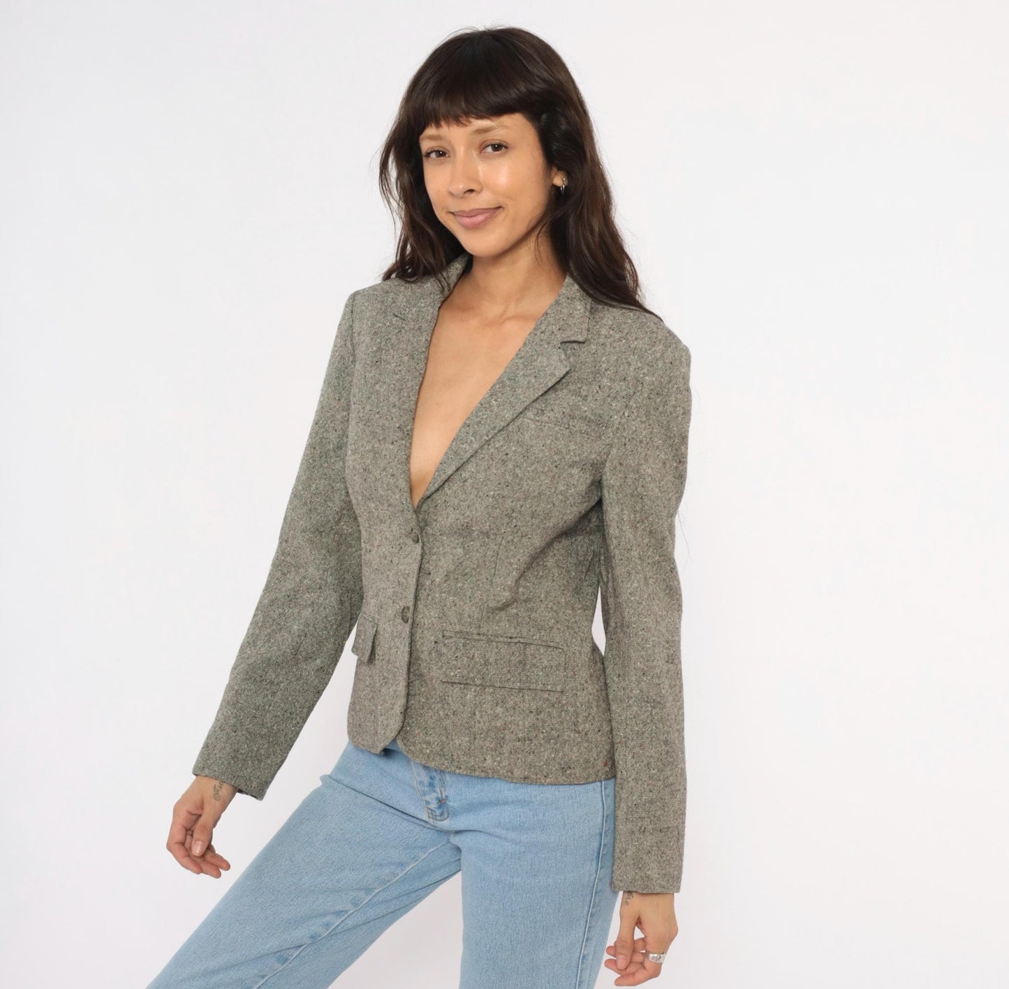 80s Pendleton Tweed Blazer Grey Wool Notched Lapel Fitted Small S