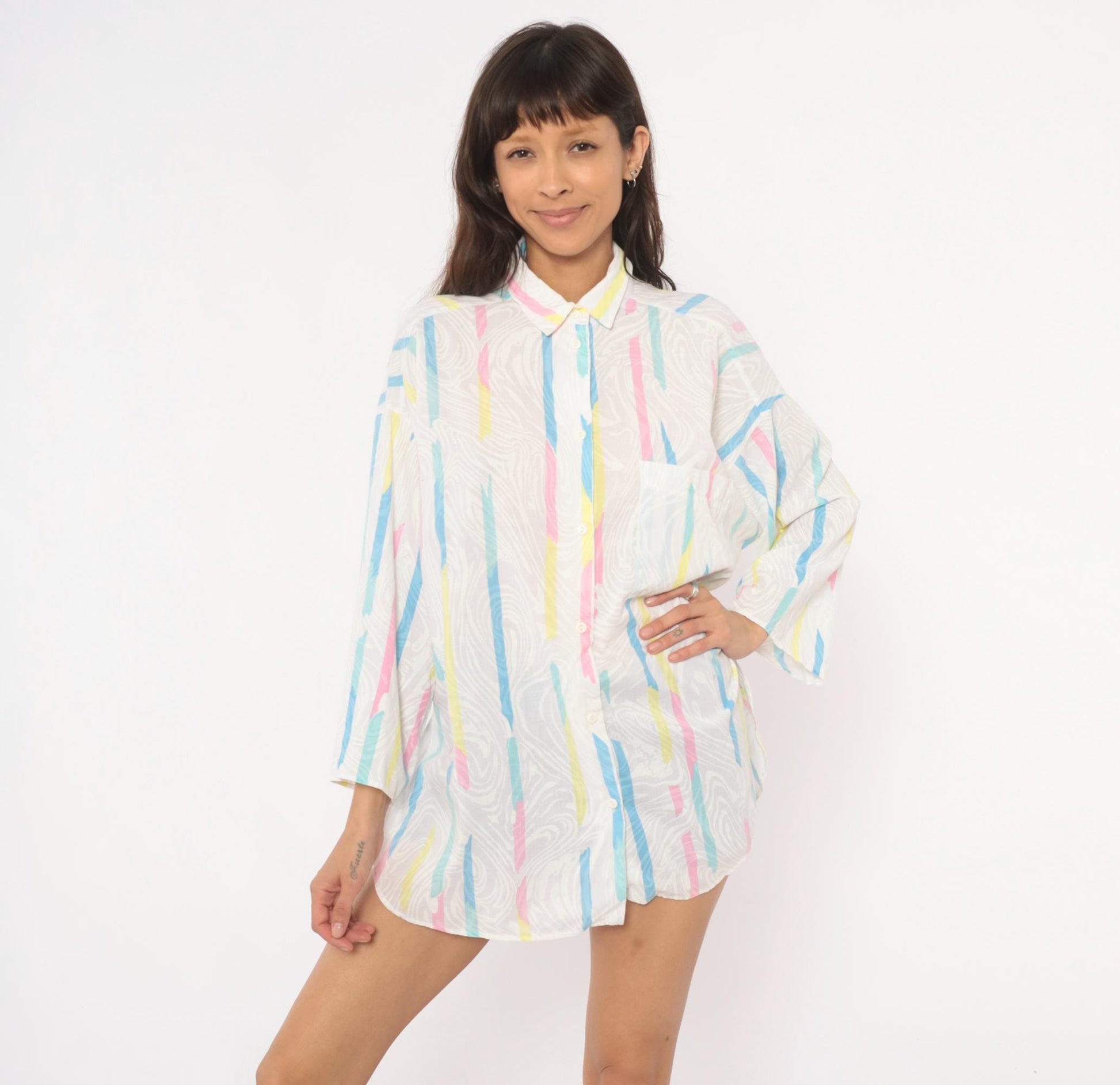 90s Ardmore Abstract Brushstroke Button Blouse Pink Blue Yellow Large L