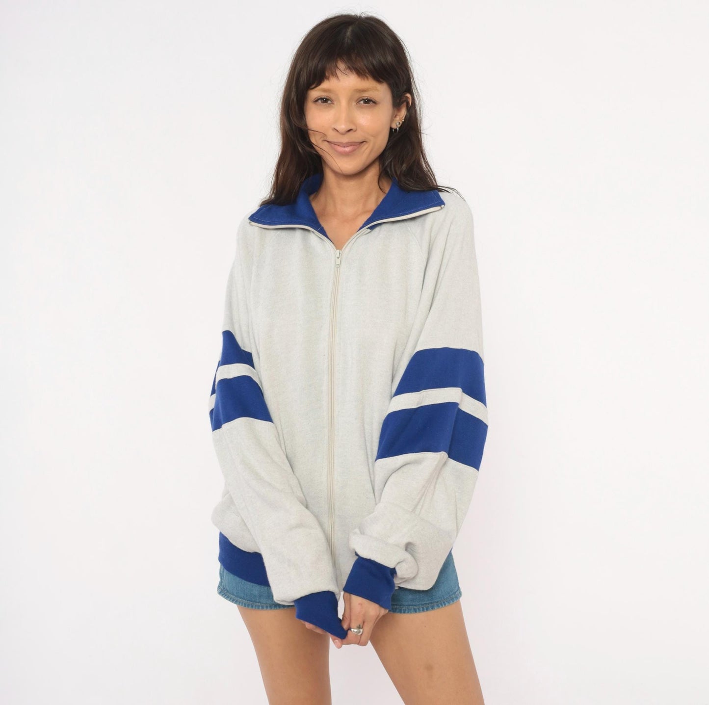 80s Omni LTD Colorblock Zip Sweatshirt Grey Cobalt Striped Large L