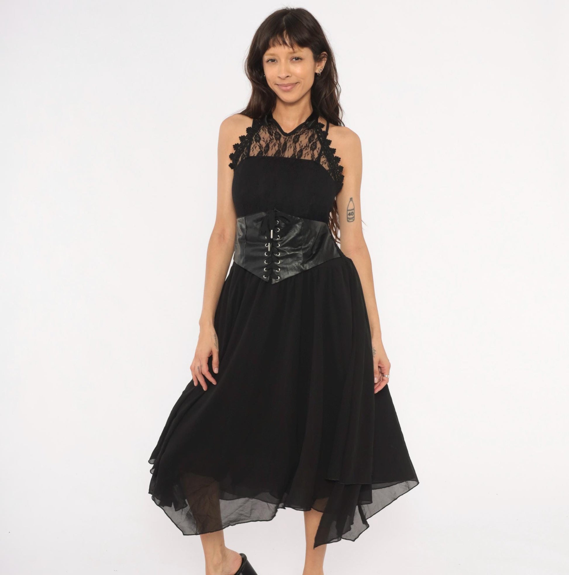 2000s Black Lace Corset Halter Midi Dress Chiffon Handkerchief Hem Plus Size XXL