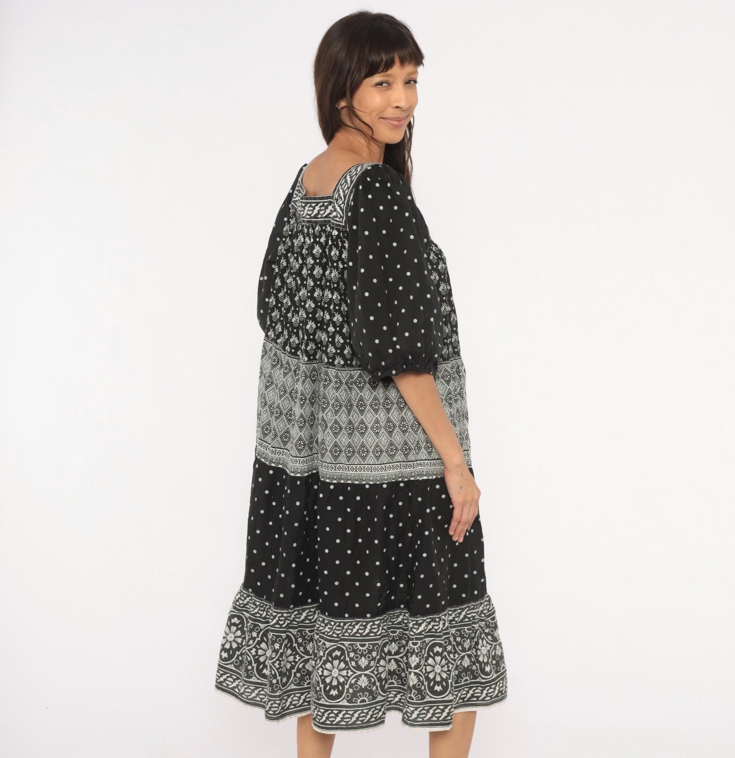 90s Ramona Rull Black Floral Midi Dress Square Neck Puff Sleeve Cotton Extra Large