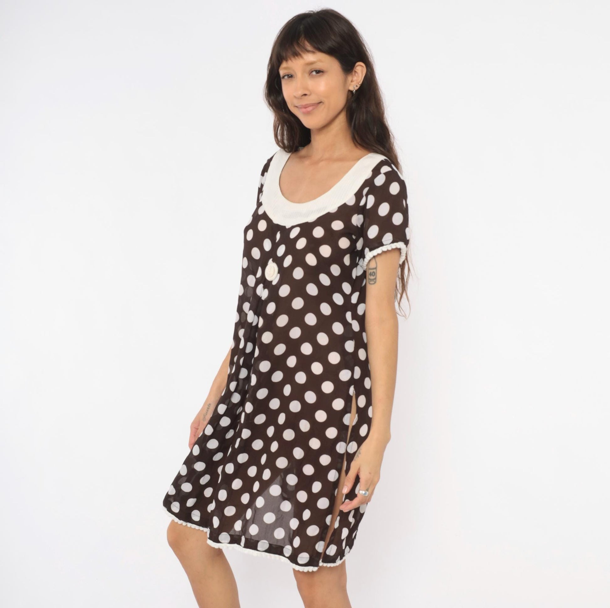 Y2K Polka Dot Babydoll Dress Brown Cream Pom Pom Trim Shift Mini Medium M