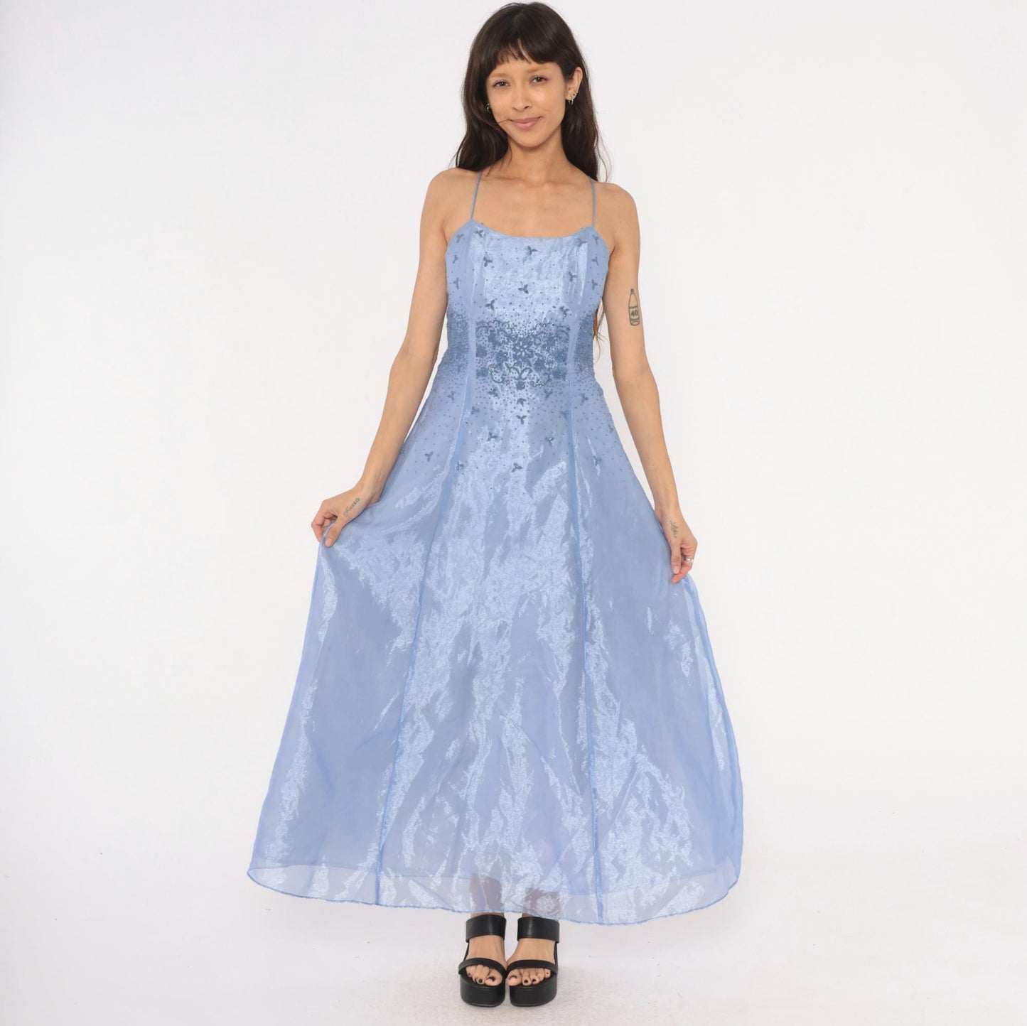 90s Kiki USA Periwinkle Beaded Gown Butterfly Embellished Strapless Organza Medium M