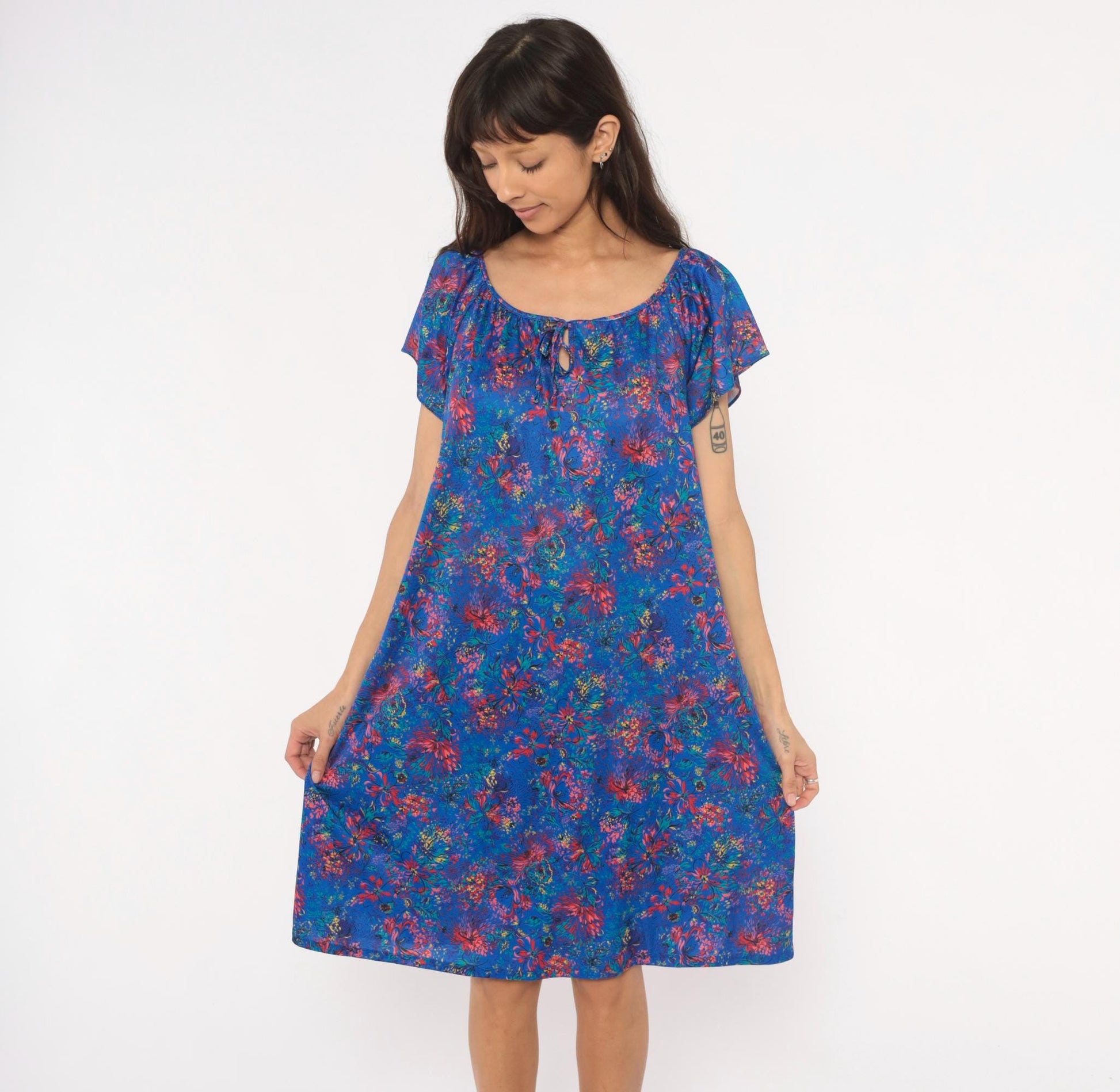 70s Improved Living Floral Shift Dress Cobalt Blue Knee-Length XL