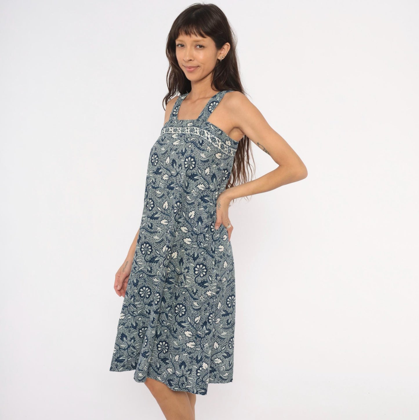 90s Navy Batik Floral Sundress Cotton Square Neck Knee-Length Extra Small XS