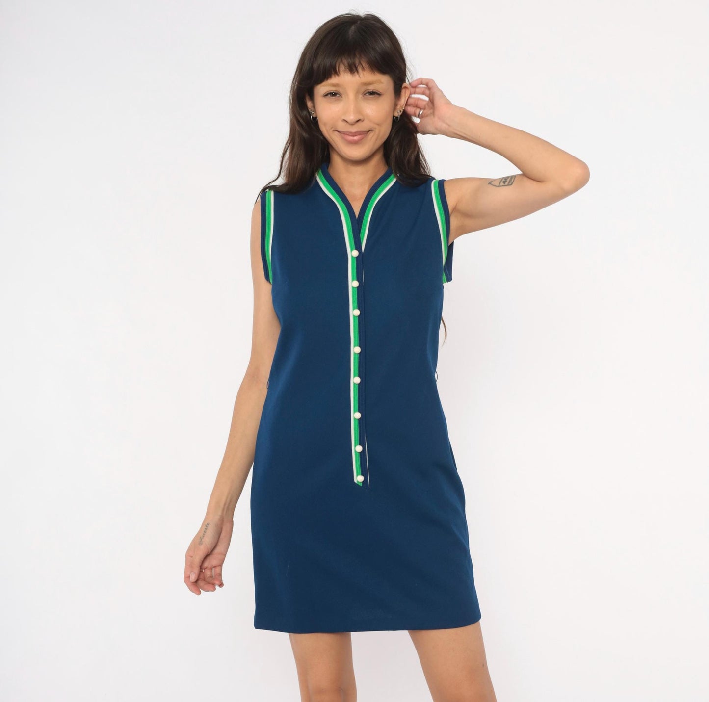 70s Toni Todd Navy Shift Dress Sleeveless V-Neck Striped Trim Small