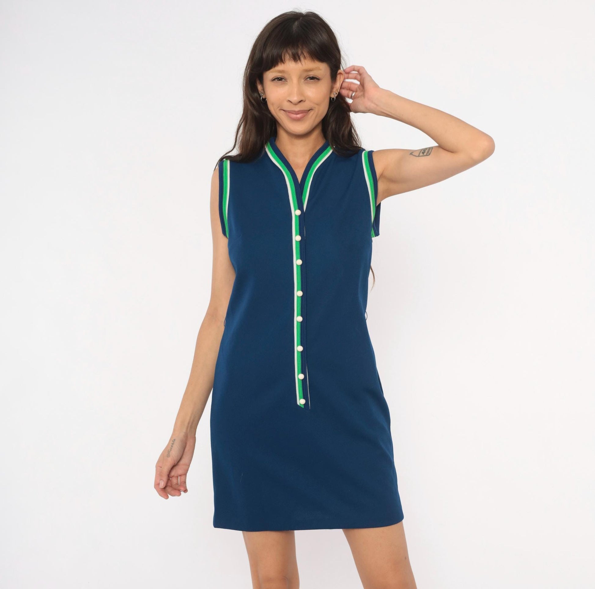 70s Toni Todd Navy Shift Dress Sleeveless V-Neck Striped Trim Small
