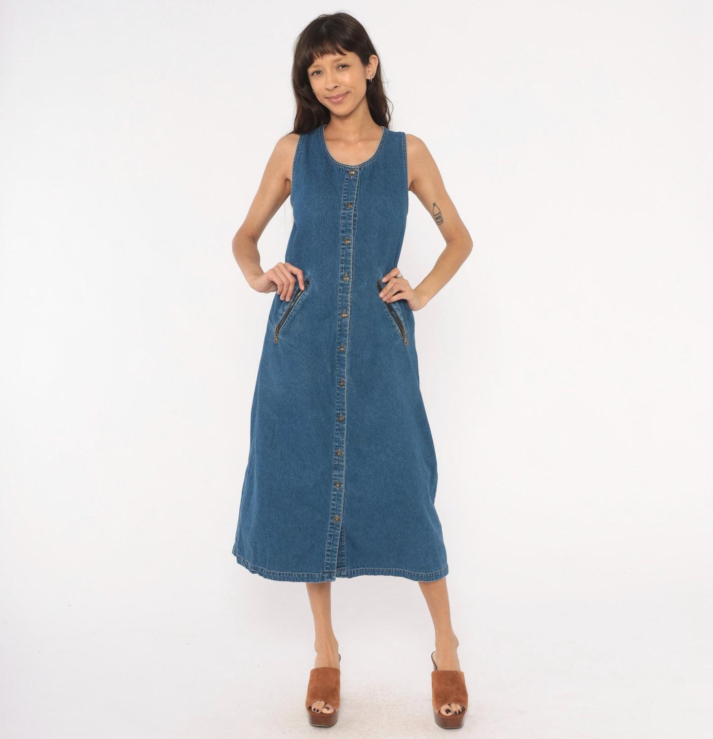 90s Original Ty2 Denim Jumper Dress Midi Button Front Cotton Navy Extra Small