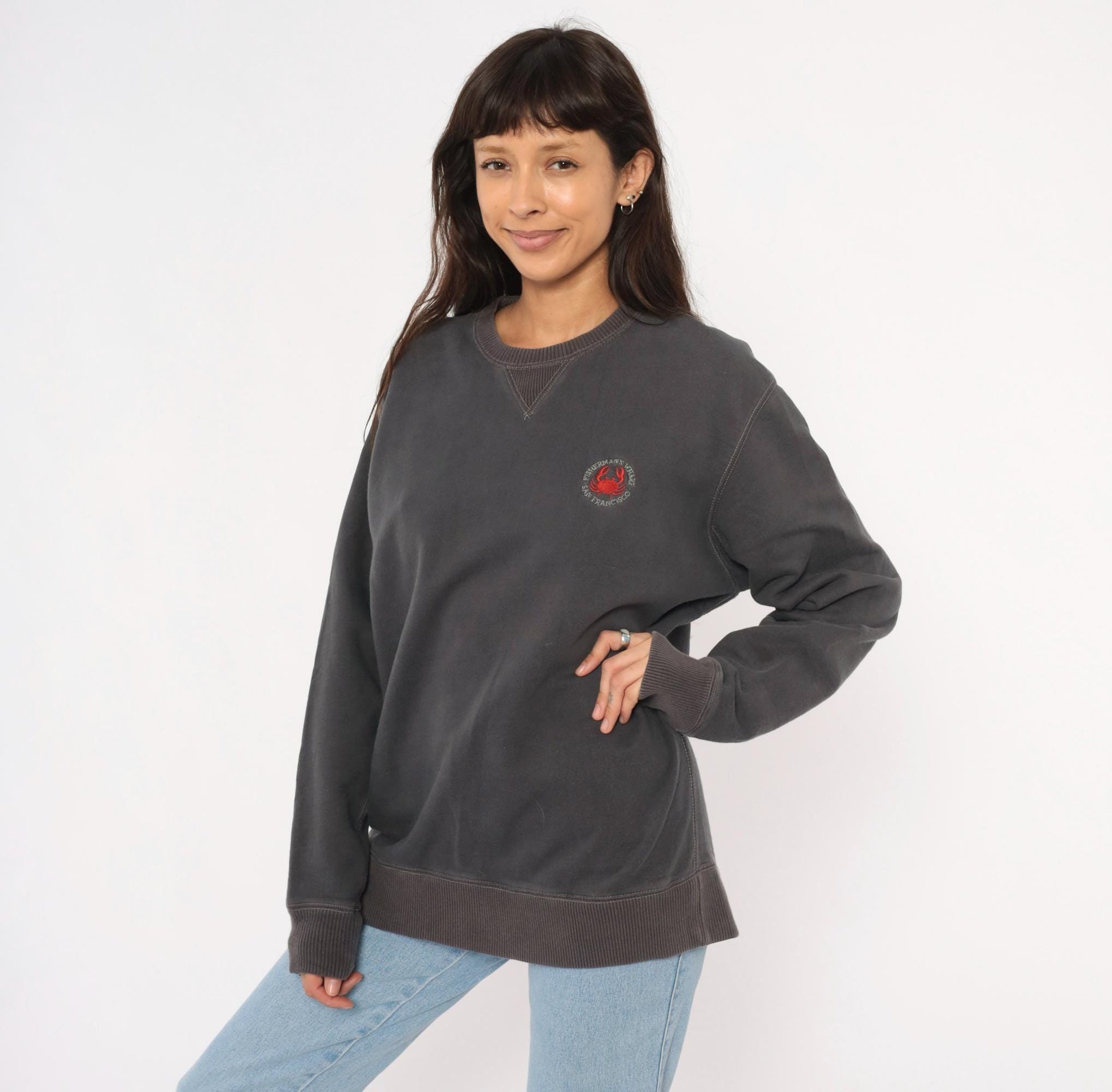 90s Crazy Shirts Fisherman's Wharf San Francisco Crab Embroidered Sweatshirt Charcoal Grey Medium M