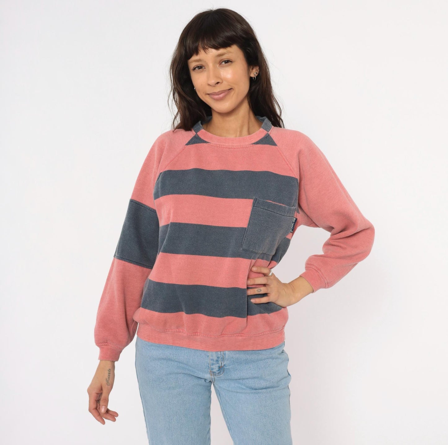 90s Saturdays Pink Navy Striped Rugby Sweatshirt Raglan Sleeve Medium