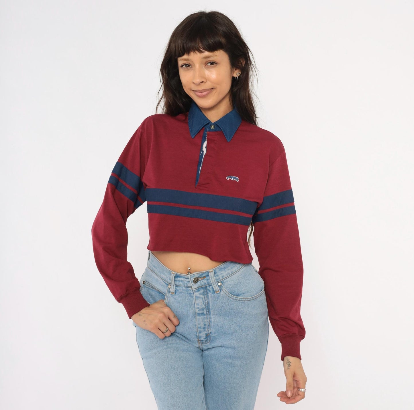 80s Burgundy Navy Stripe Cropped Rugby Polo Cotton Small Medium