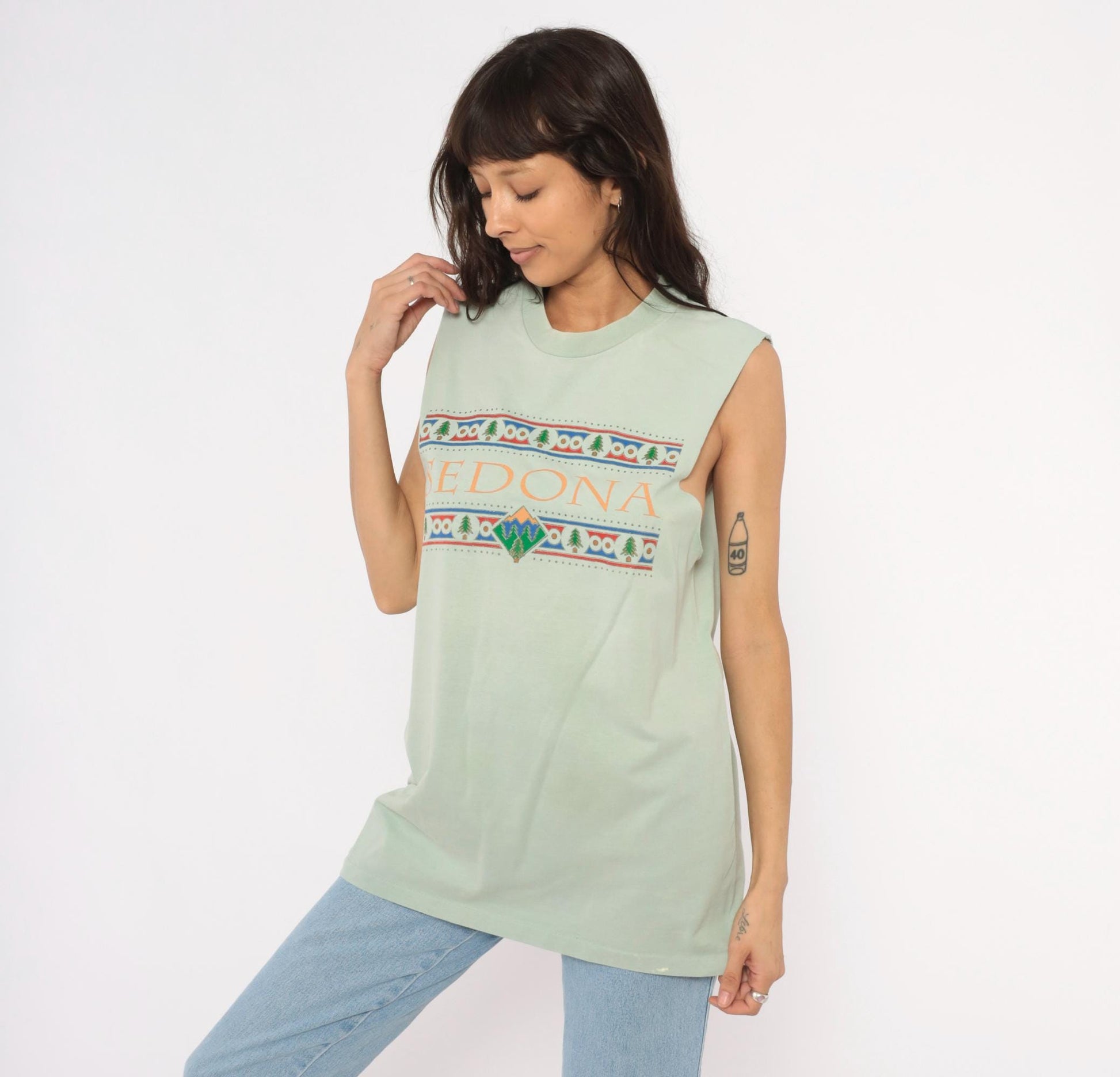 90s Anvil Sedona Arizona Sage Green Cotton Tank Top Graphic Mountain Tree Extra Large XL