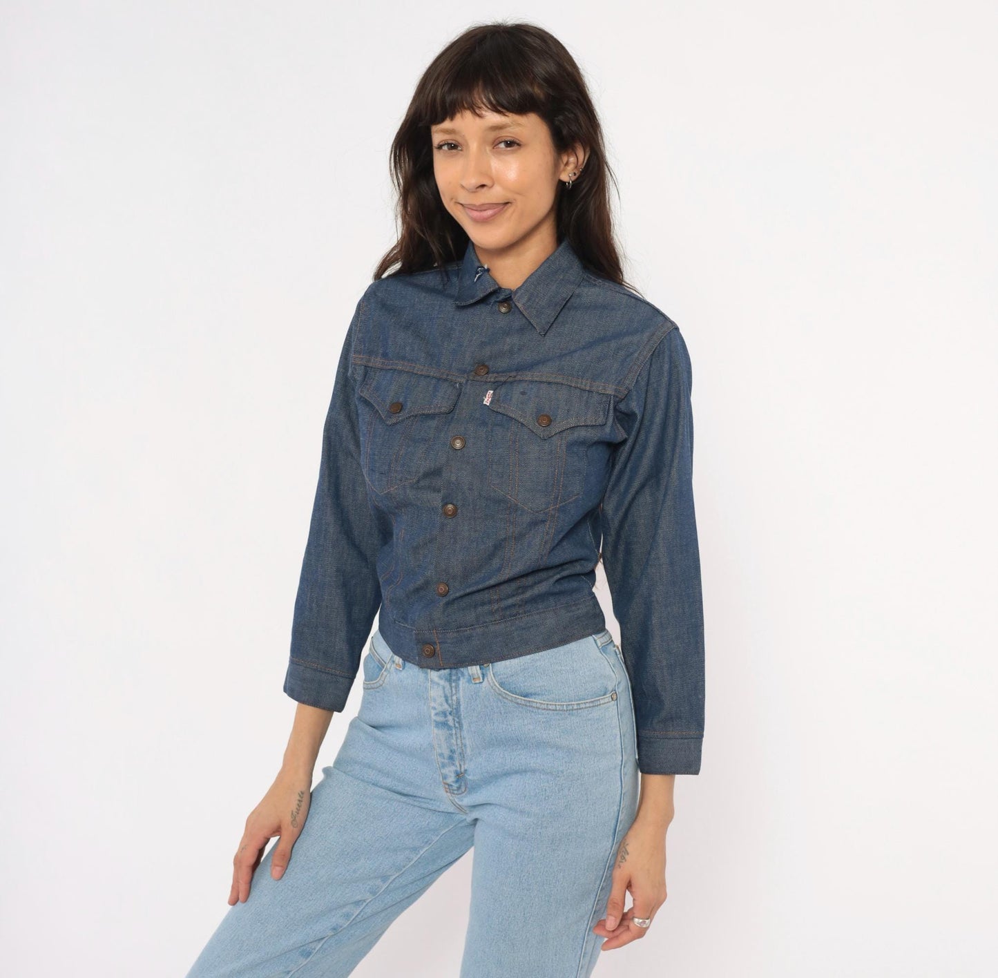 80s Levi's Denim Trucker Jacket Dark Indigo Snap Button Cropped Extra Small XS