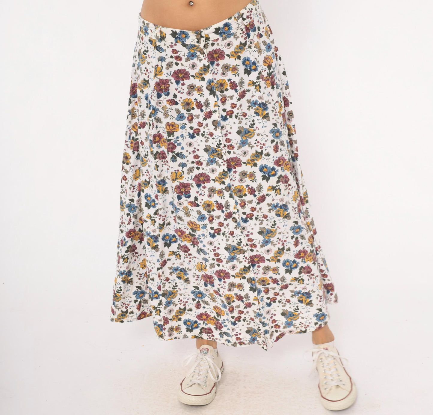 90s White Stag Floral Maxi Skirt Burgundy Mustard Garden Print Large L