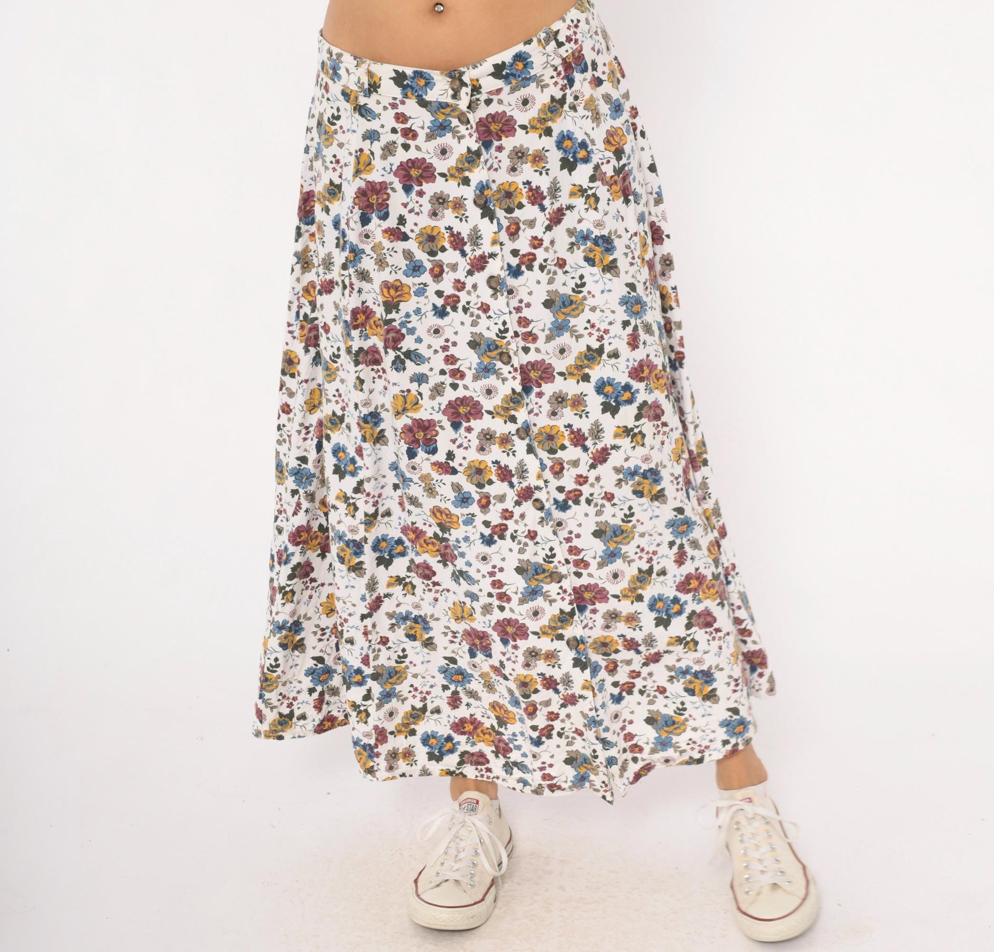 90s White Stag Floral Maxi Skirt Burgundy Mustard Garden Print Large L