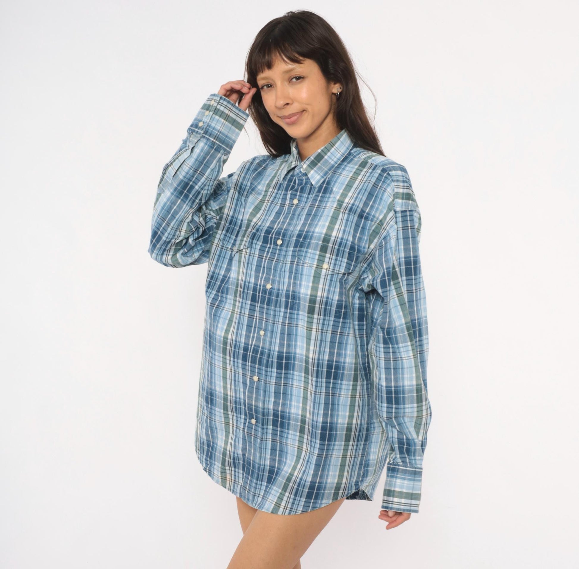 Y2K Wrangler Western Plaid Pearl Snap Shirt Blue Green XXL