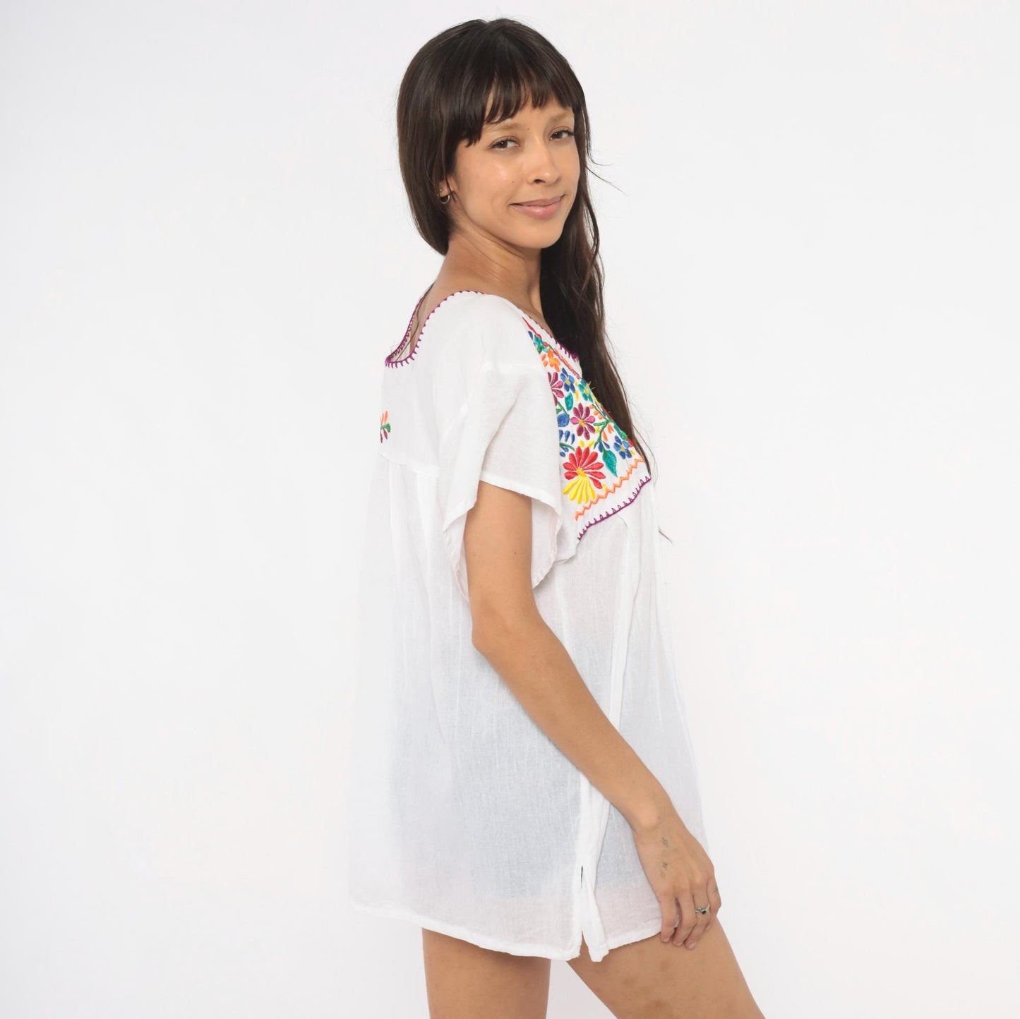 90s Mexican Embroidered Floral Blouse White Cotton Scoop Neck Large