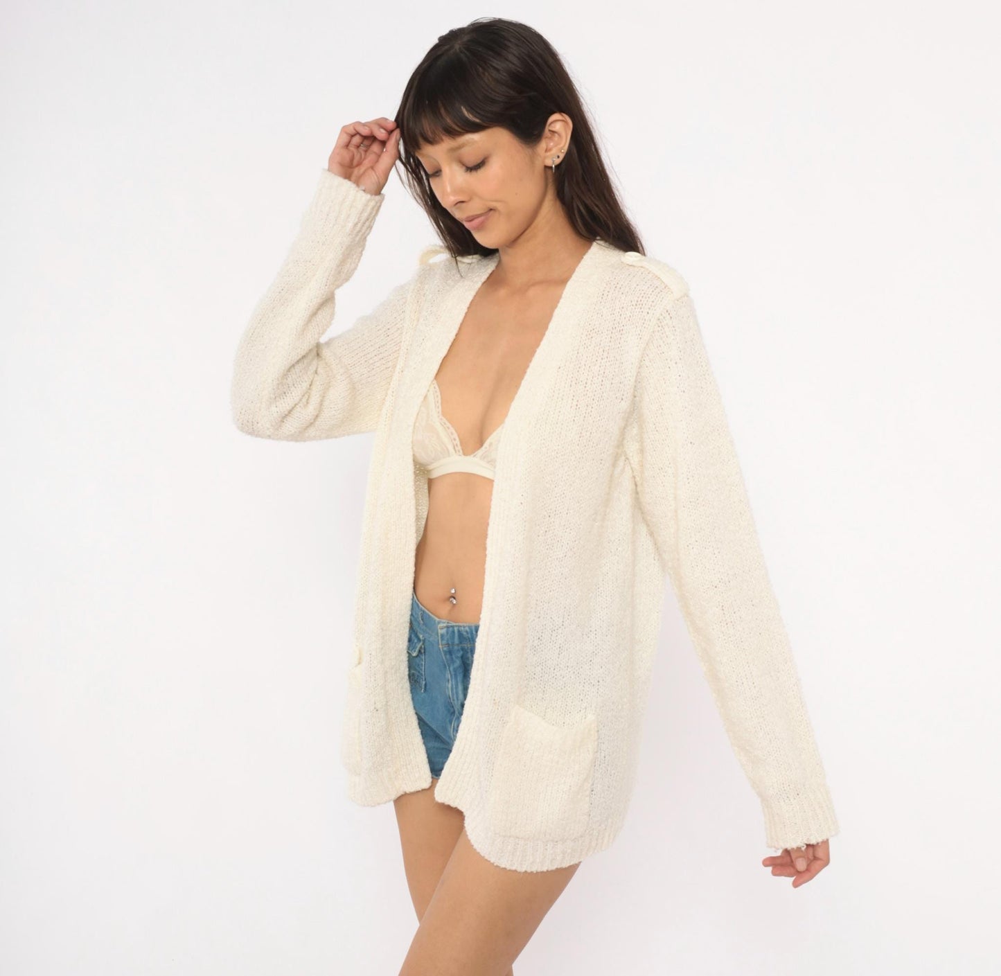 70s LeRoy Knitwear Open Front Cardigan Cream Bouclé Deep V Neck Medium