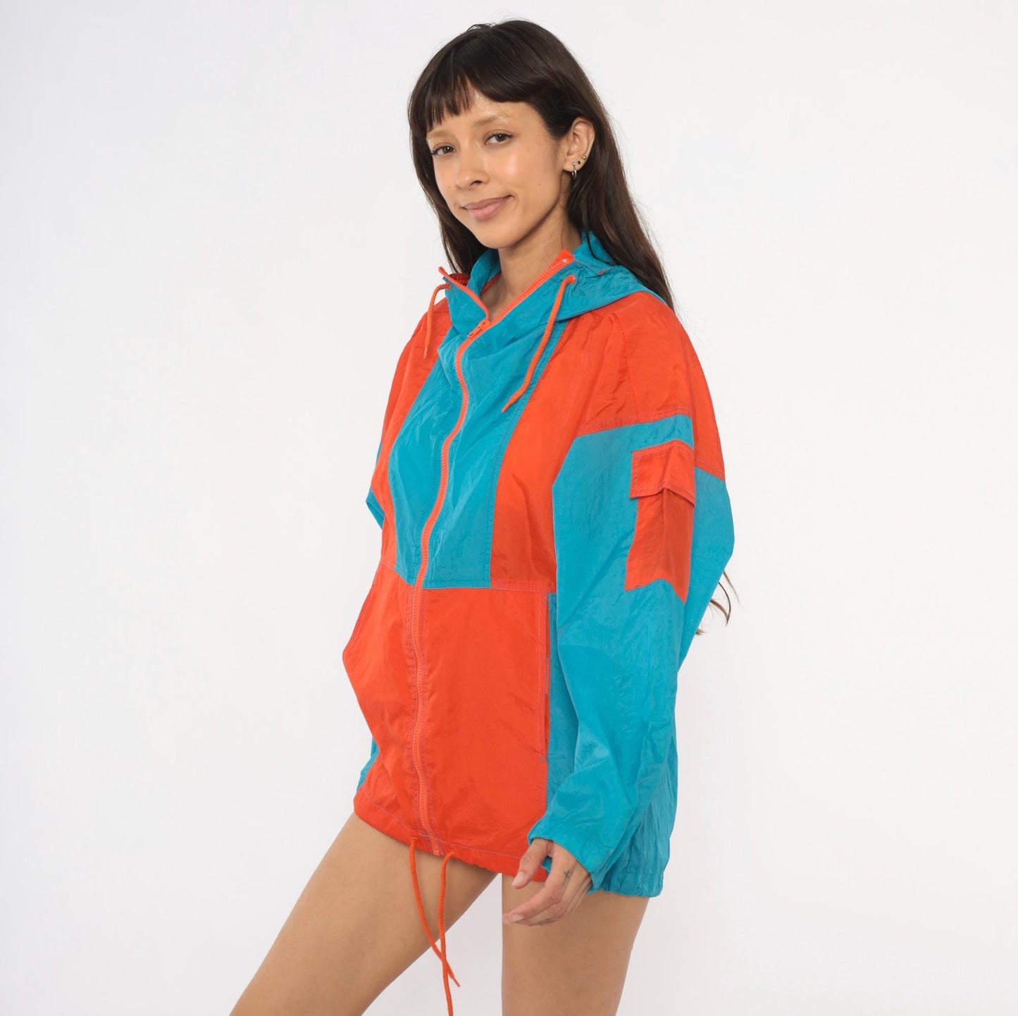 80s Sbi Teal Orange Colorblock Windbreaker Hooded Nylon Jacket Small