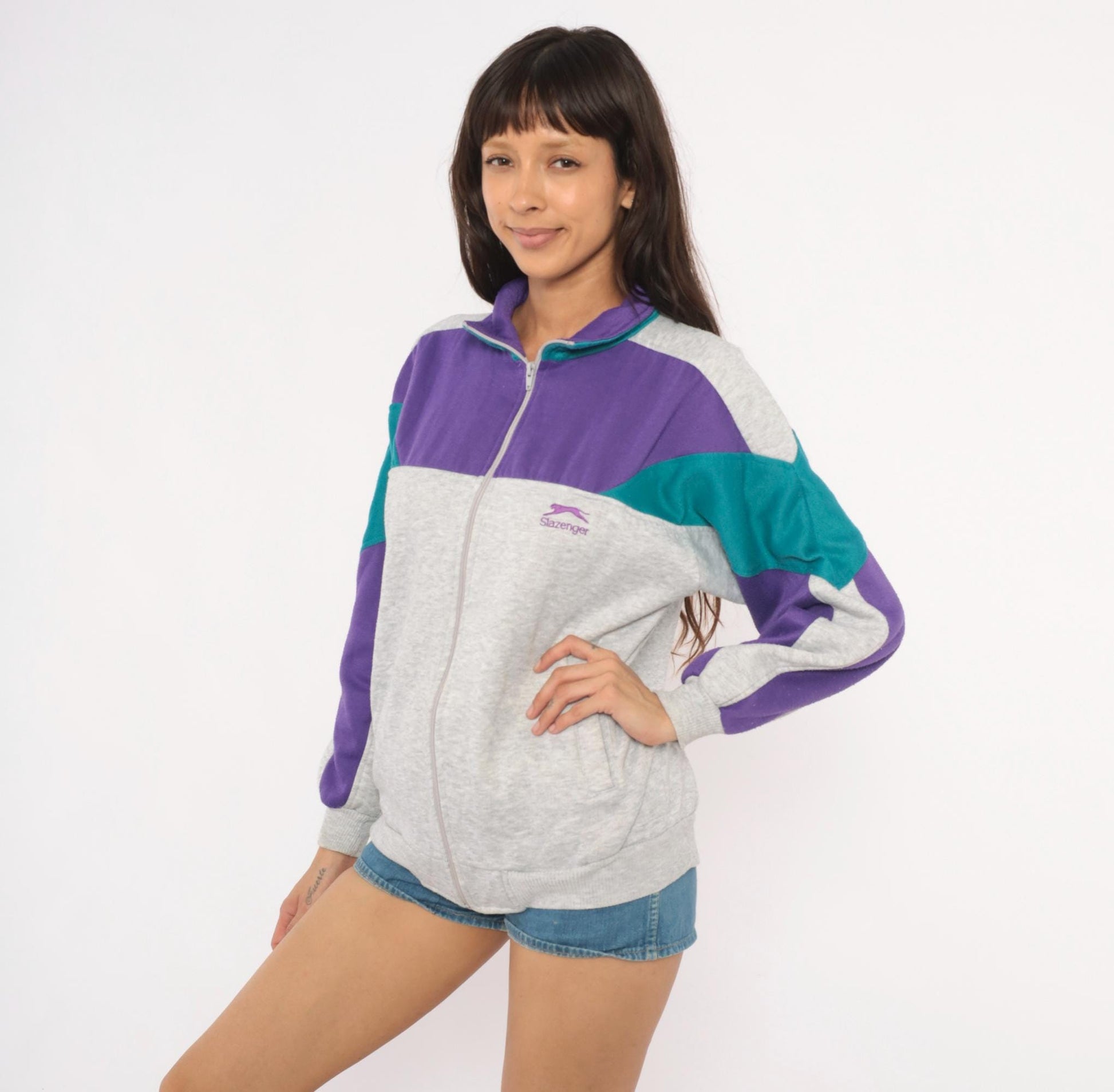 80s Slazenger Colorblock Zip Sweatshirt Purple Grey Teal Small