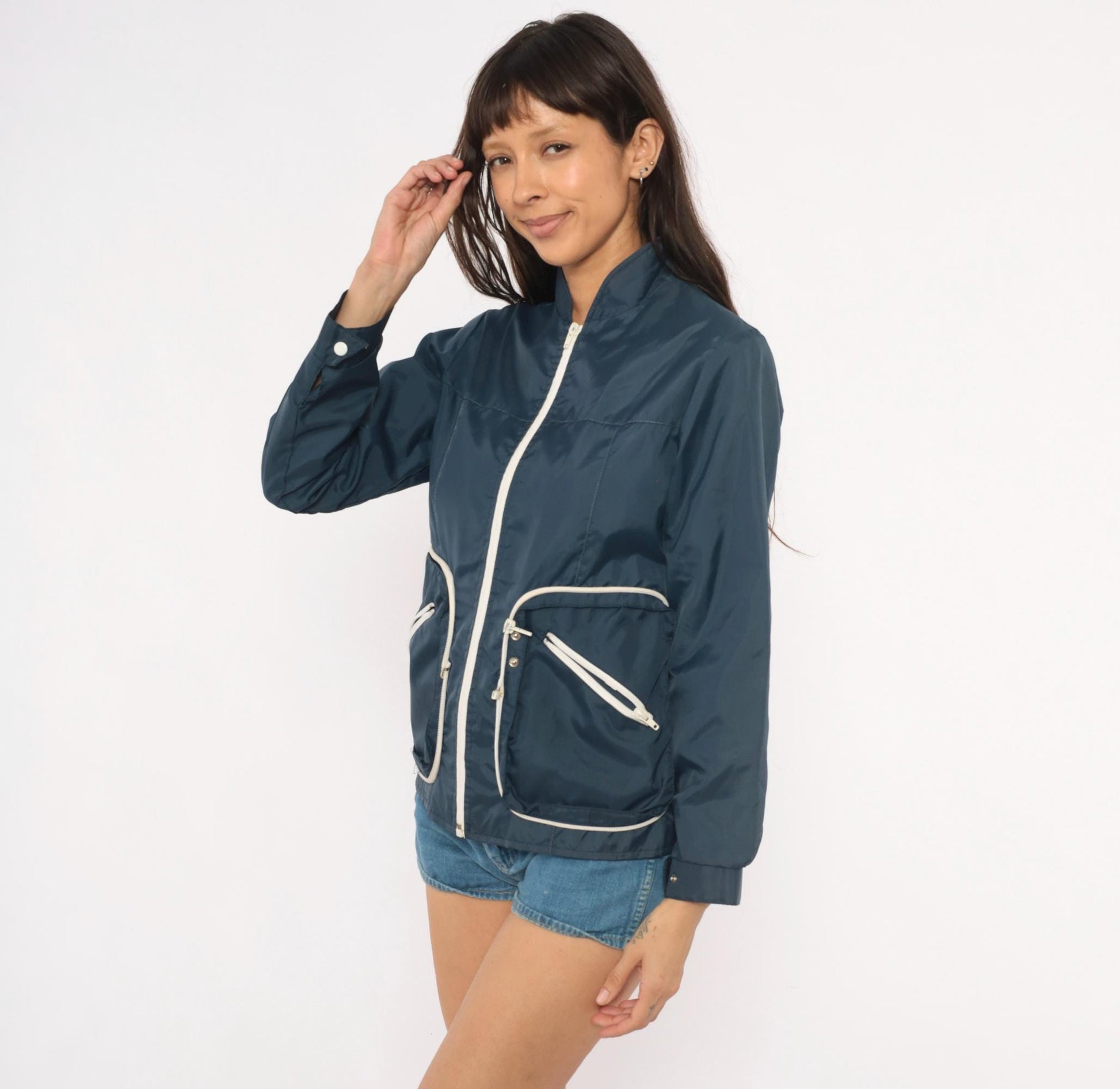 70s Navy Windbreaker White Contrast Zipper Stand Collar Shell Jacket Small S