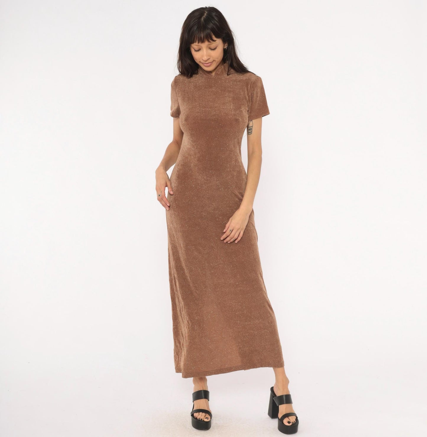 90s Jessica Howard Mocha Velvet Maxi Dress Glitter Mock Neck Small