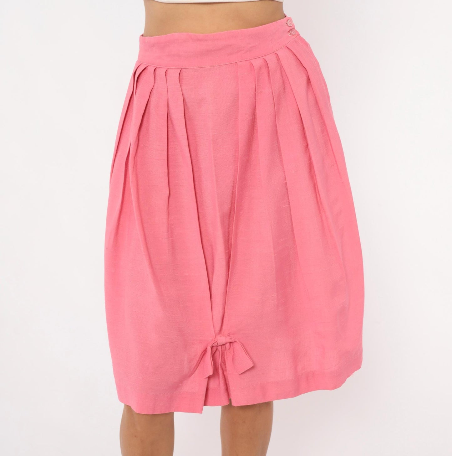 60s Pink Pleated Skirt High Waist Bubble Bow Tie Full Skirt Small
