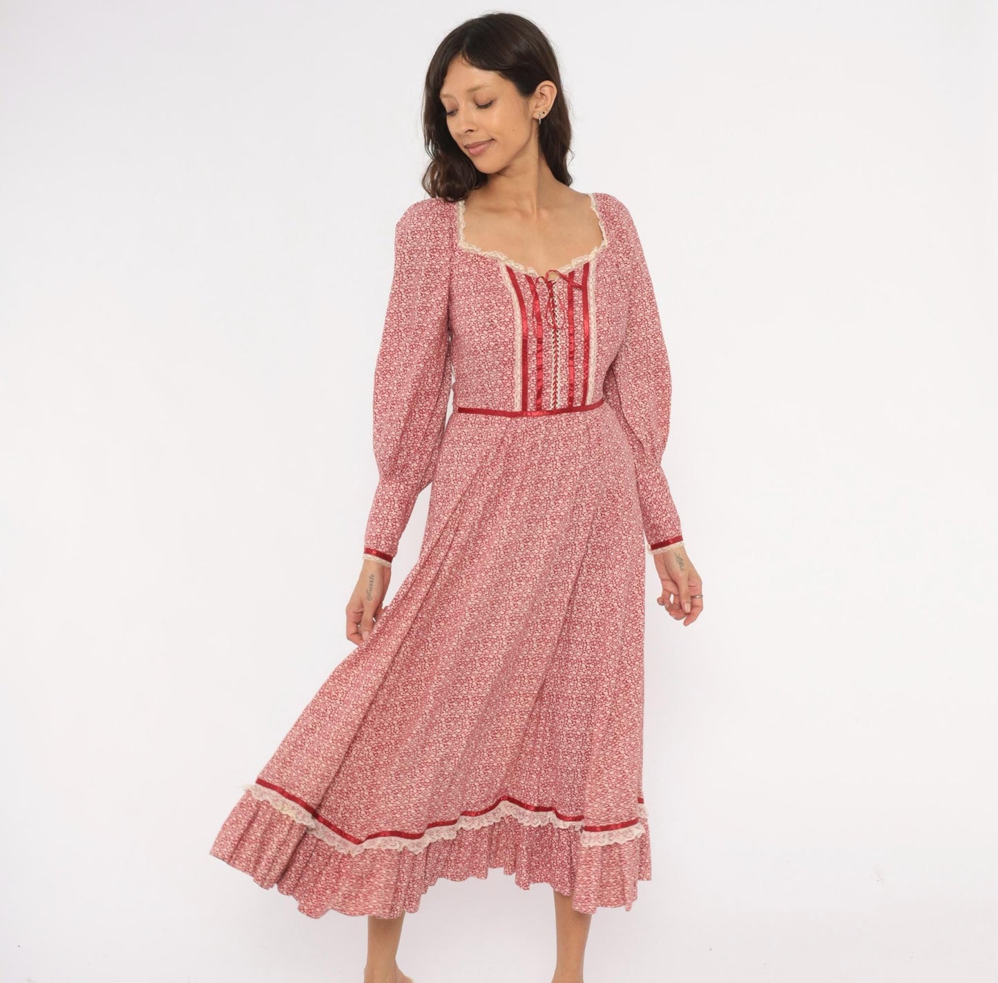 70s Wildes Red Calico Prairie Dress Lace Corset Puff Sleeve Maxi Small