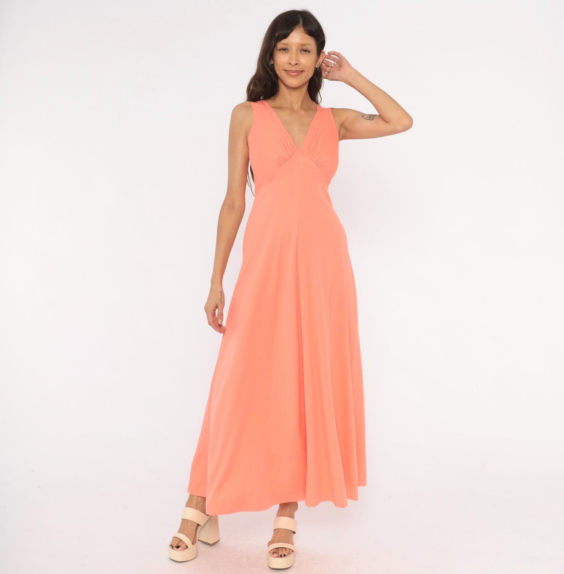 70s Coral Maxi Dress Sleeveless V Neck Empire Waist A-Line Small S