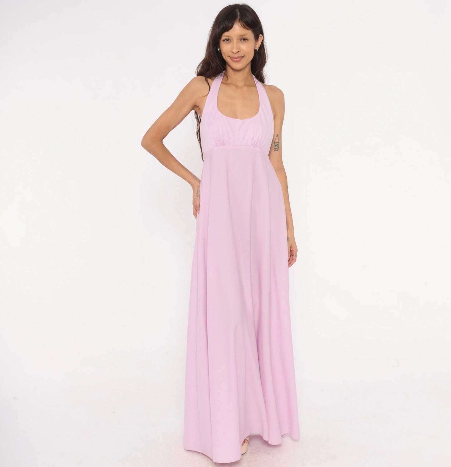 70s Lilac Halter Maxi Dress Empire Waist Open Back Floor Length Medium