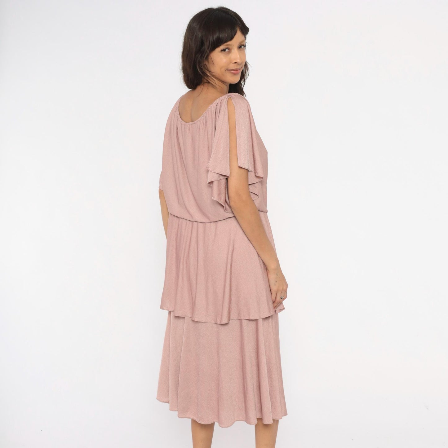 70s The Dress Mauve Tiered Midi Dress Flutter Sleeve Cold Shoulder Medium