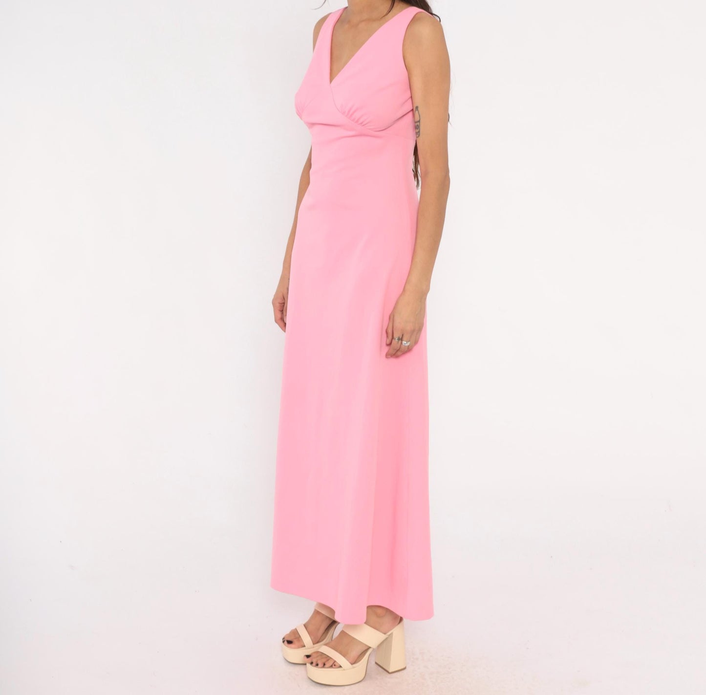 70s Bubblegum Pink Maxi Dress V Neck Empire Waist A Line Ankle Length Medium M