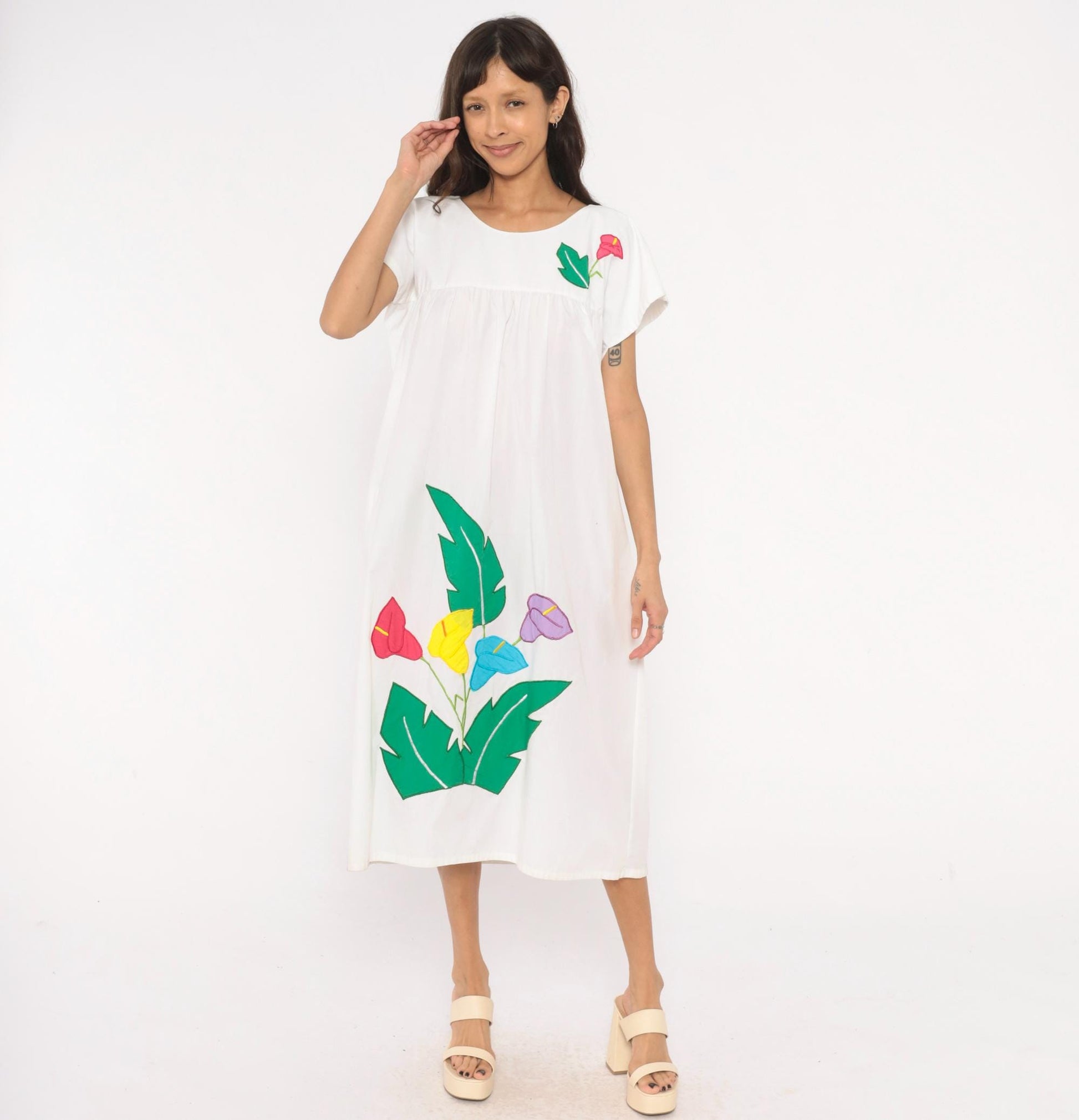 90s Bordados Tiscareño Tropical Appliqué Midi Dress White Cotton Calla Lily Large