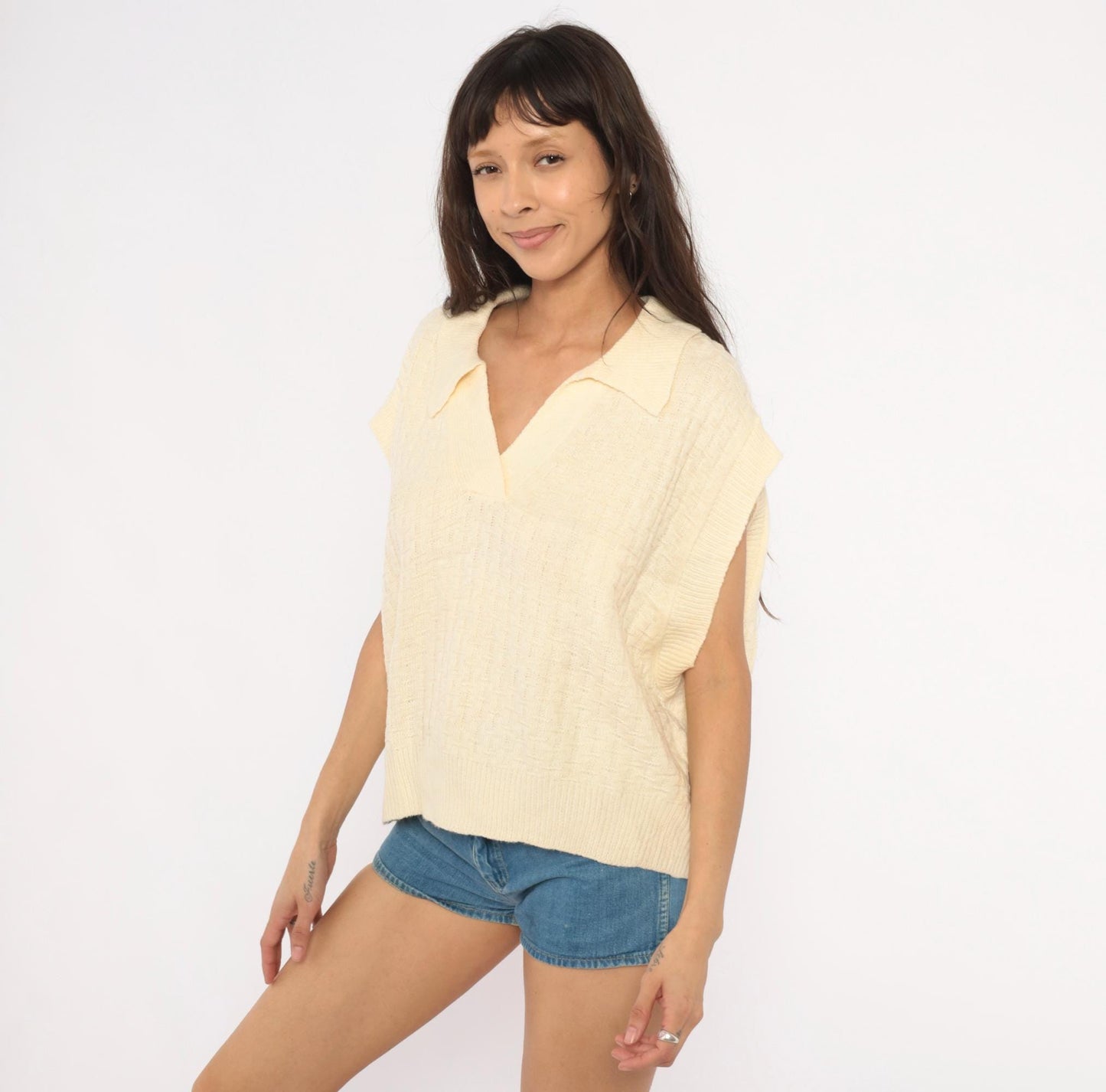 70s Cream Knit Polo Sweater Cap Sleeve V-Neck Collared Pullover Extra Large XL