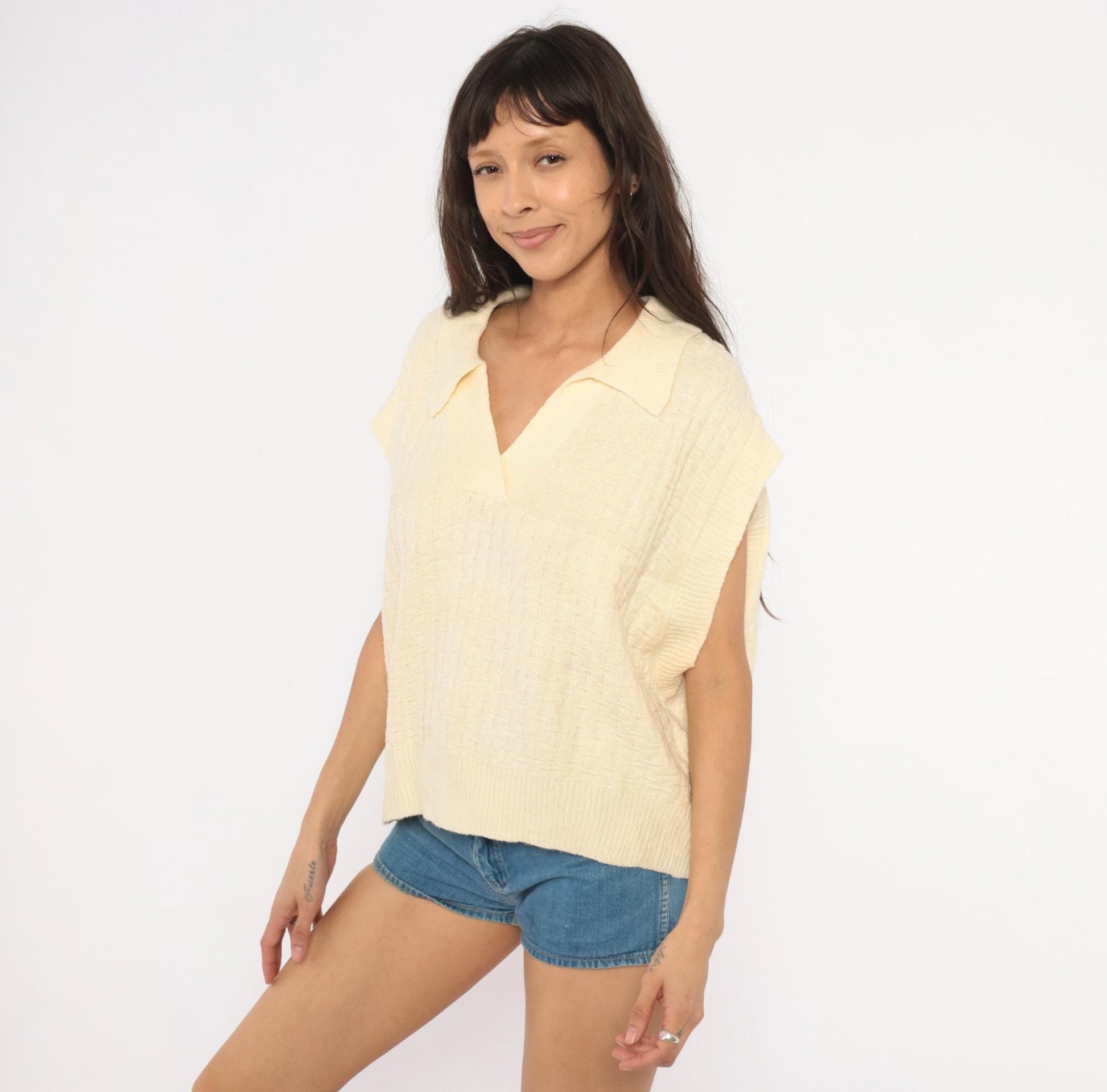70s Cream Knit Polo Sweater Cap Sleeve V-Neck Collared Pullover Extra Large XL